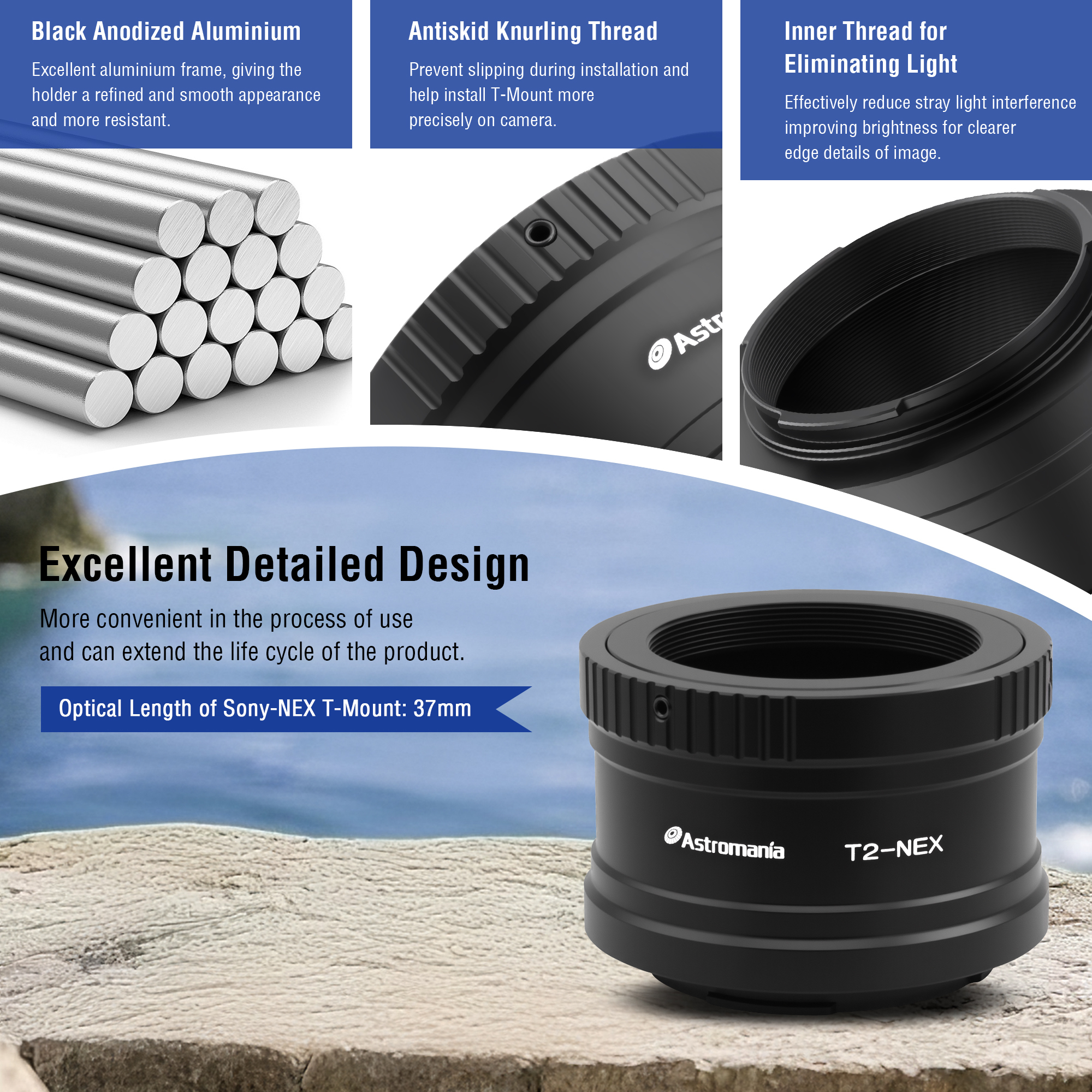 Astromania T/T2 Lens Mount Adapter Ring for Sony-NEX Camera - Precision machined T2 adaptor ring for all Sony NEX compact system cameras