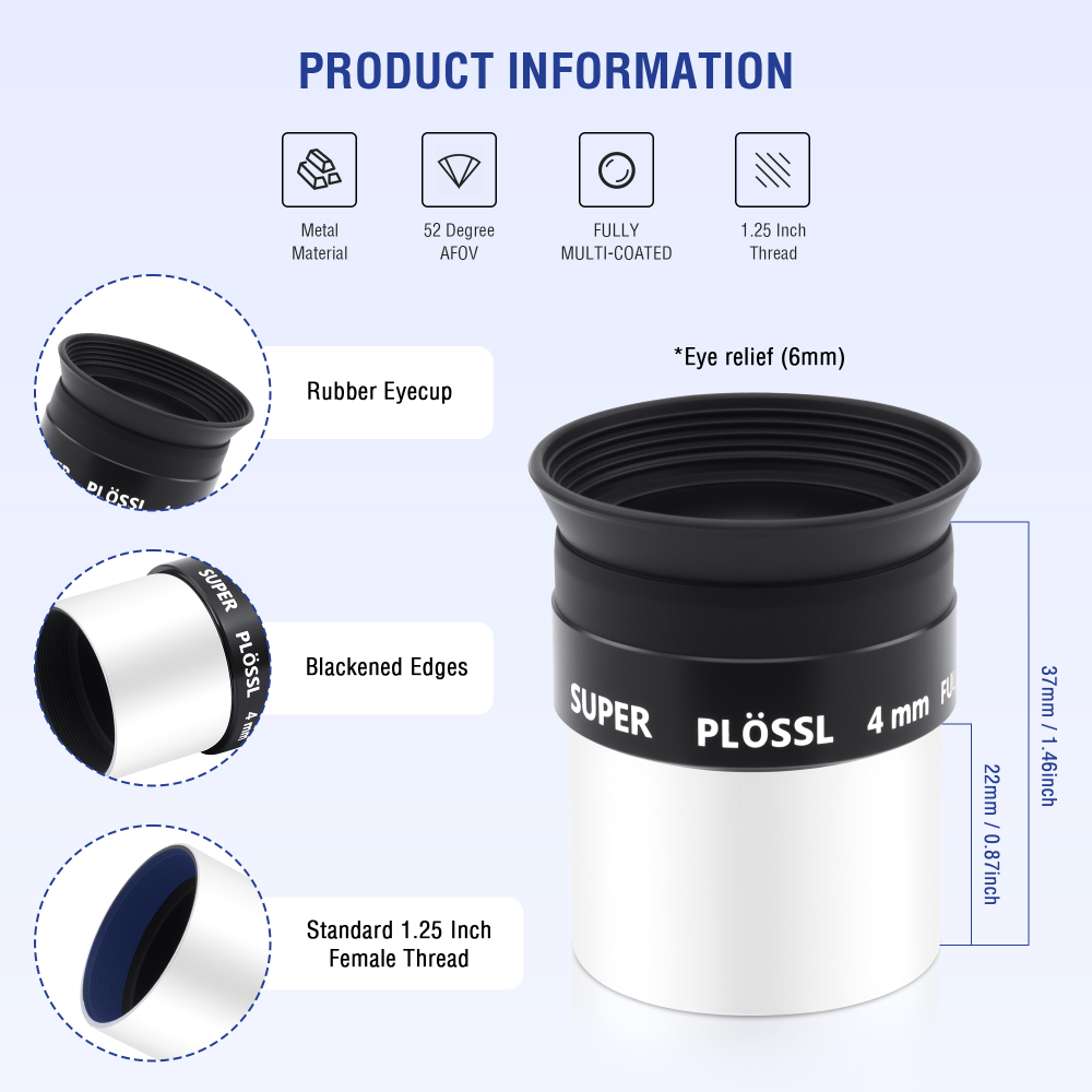 Astromania Telescope Eyepiece, 52 Degree Super Plossl Telescope Eyepiece 4mm, Fully Multi-Coated Telescope Lense with Filter Thread, 1.25 Inches Telescope Accessories for Moon & Planetary Observation