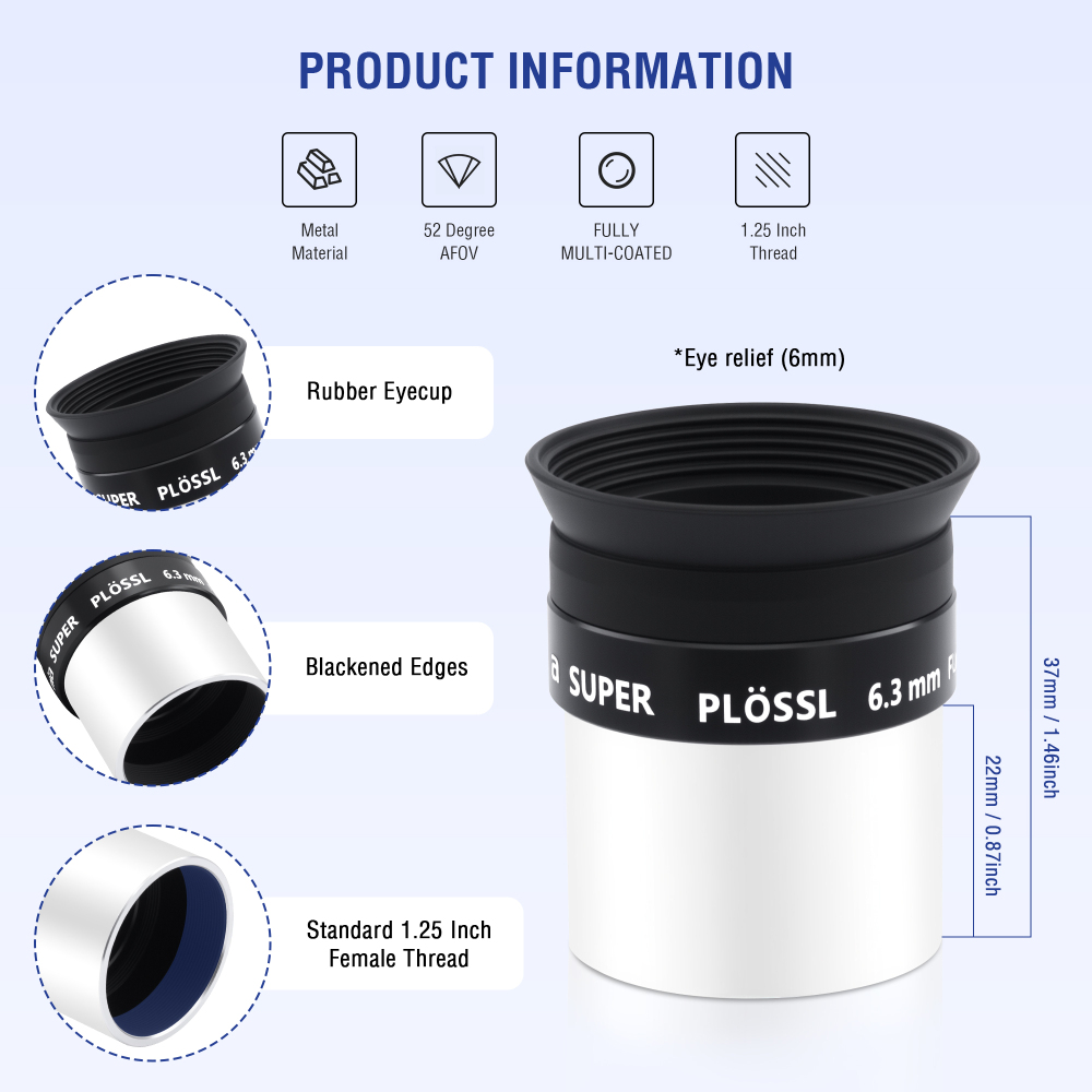 Astromania 1.25 Inch Eyepiece for Telescope 6.3mm, Telescope Accessories Super Plossl Eyepiece 52 Degree Field of View with Fully Multi-Coated 5 Element & Filter Thread for Astronomical Telescopes