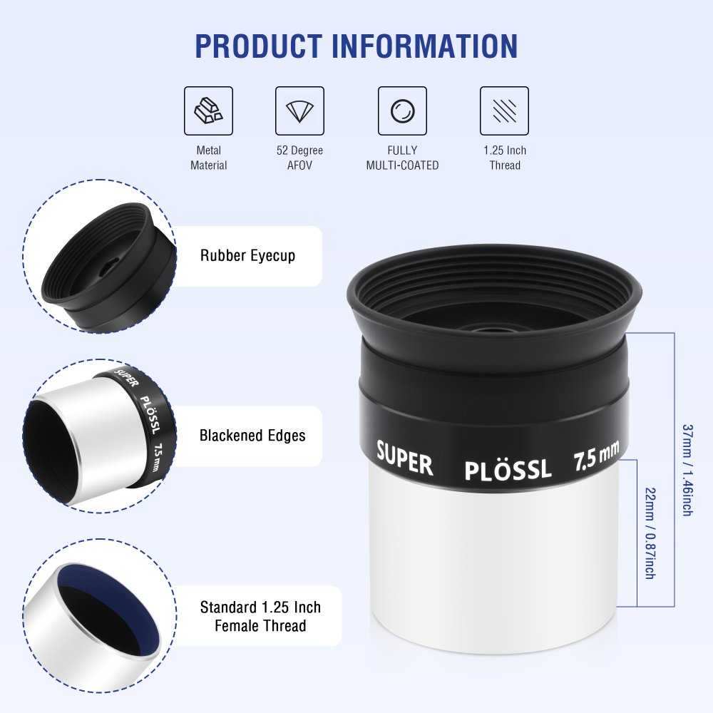 Astromania Eyepiece 7.5mm Telescope Lense for Astronomy Telescopes, 5 Element Fully Multi-Coated 52 Degree Super Plossl Eyepiece Telescope Accessories with Threaded for Standard 1.25 Inches Filter
