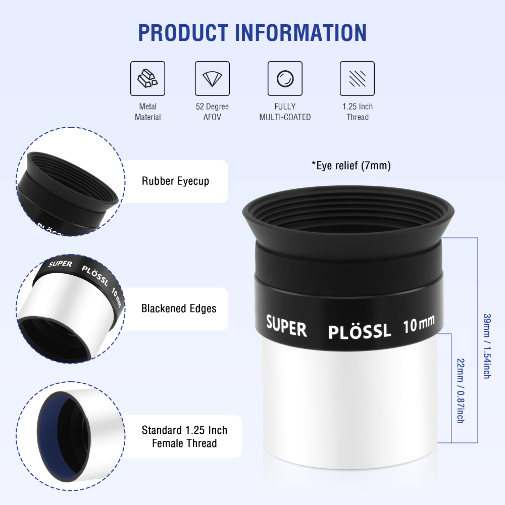 Astromania Telescope Eyepiece, 52 Degree Super Plossl Telescope Eyepiece 10mm, Fully Multi-Coated Telescope Lense with Filter Thread, 1.25 Inches Telescope Accessories for Moon & Planetary Observation