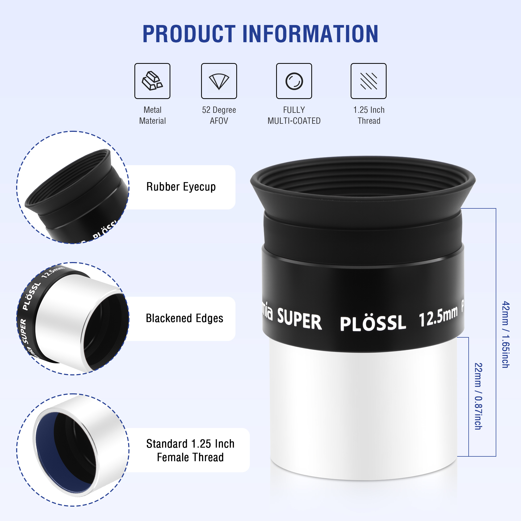 Astromania 1.25 Inch Eyepiece for Telescope 12.5mm, Telescope Accessories Super Plossl Eyepiece 52 Degree Field of View with Fully Multi-Coated 5 Element & Filter Thread for Astronomical Telescopes