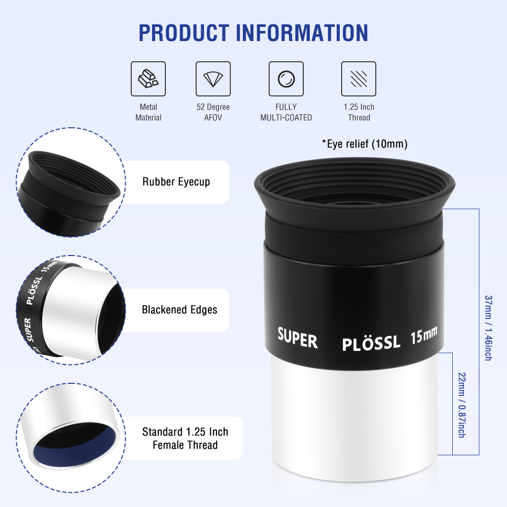 Astromania Eyepiece 15mm Telescope Lense for Astronomy Telescopes, 5 Element Fully Multi-Coated 52 Degree Super Plossl Eyepiece Telescope Accessories with Threaded for Standard 1.25 Inches Filter