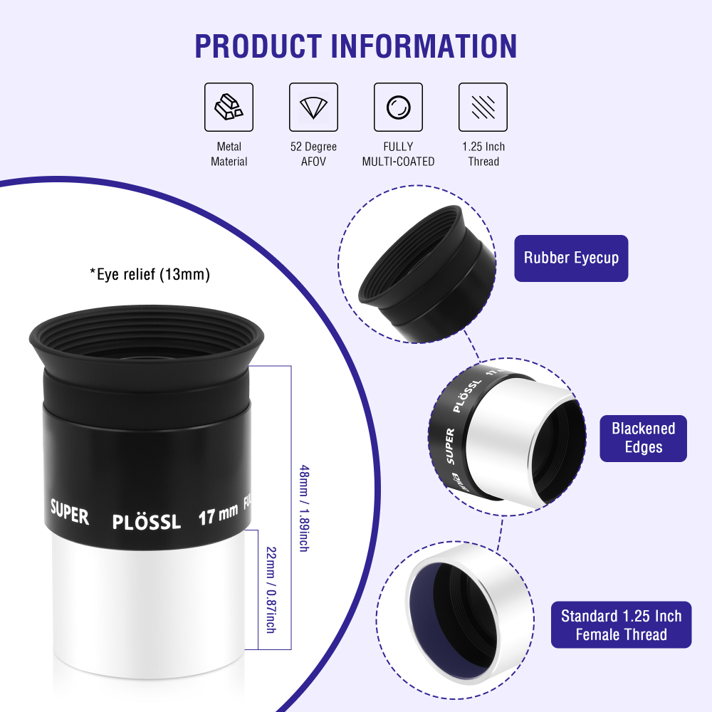 Astromania Telescope Eyepiece, 52 Degree Super Plossl Telescope Eyepiece 17mm, Fully Multi-Coated Telescope Lense with Filter Thread, 1.25 Inches Telescope Accessories for Moon & Planetary Observation