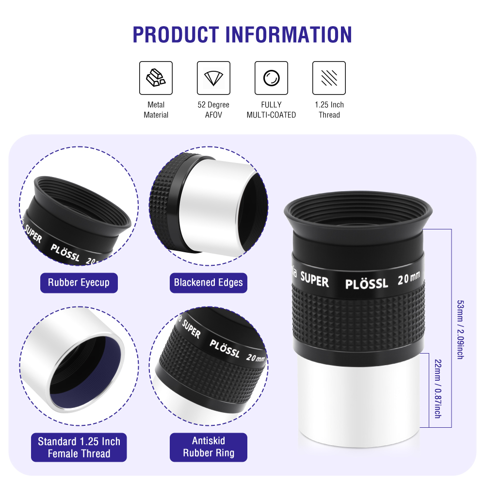 Astromania 1.25 Inch Eyepiece for Telescope 20mm, Telescope Accessories Super Plossl Eyepiece 52 Degree Field of View with Fully Multi-Coated 5 Element & Filter Thread for Astronomical Telescopes