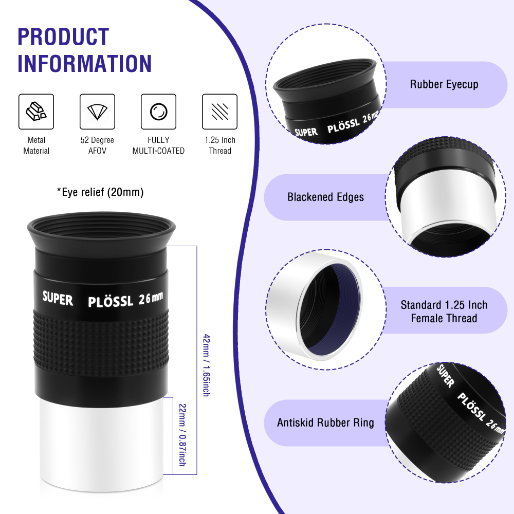 Astromania Eyepiece 26mm Telescope Lense for Astronomy Telescopes, 5 Element Fully Multi-Coated 52 Degree Super Plossl Eyepiece Telescope Accessories with Threaded for Standard 1.25 Inches Filter