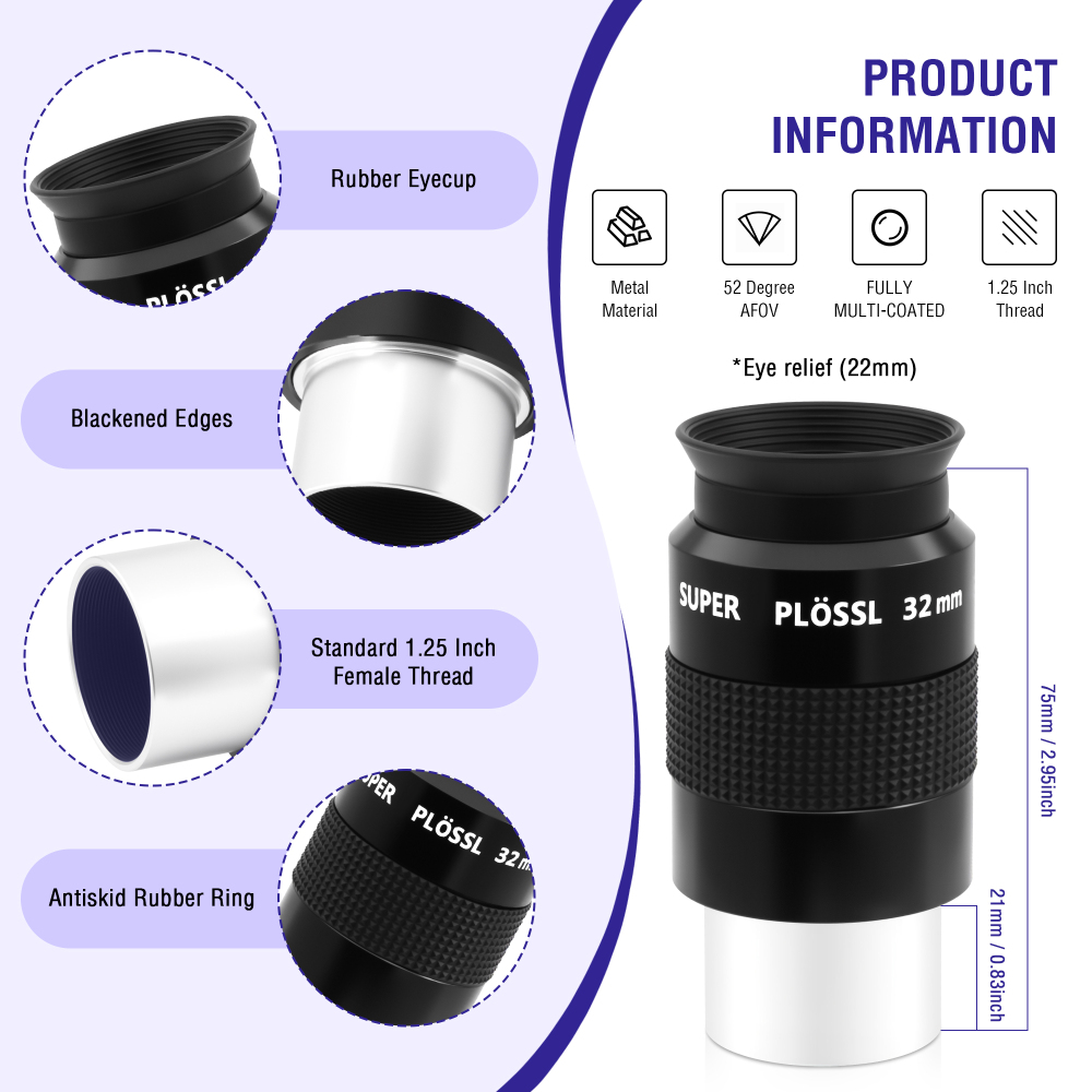 Astromania Telescope Eyepiece, 52 Degree Super Plossl Telescope Eyepiece 32mm, Fully Multi-Coated Telescope Lense with Filter Thread, 1.25 Inches Telescope Accessories for Moon & Planetary Observation