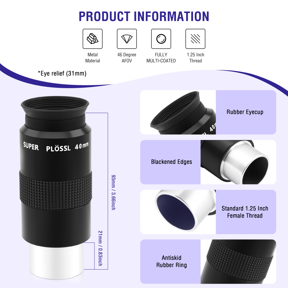 Astromania Telescope Eyepiece 40mm, Super Plossl Telescope Eyepiece 1.25 Inch 5 Element Fully MultiCoated Metal 46 Degree Apparent Field, Telescope Accessory with Filter Thread for Astronomy Telescope