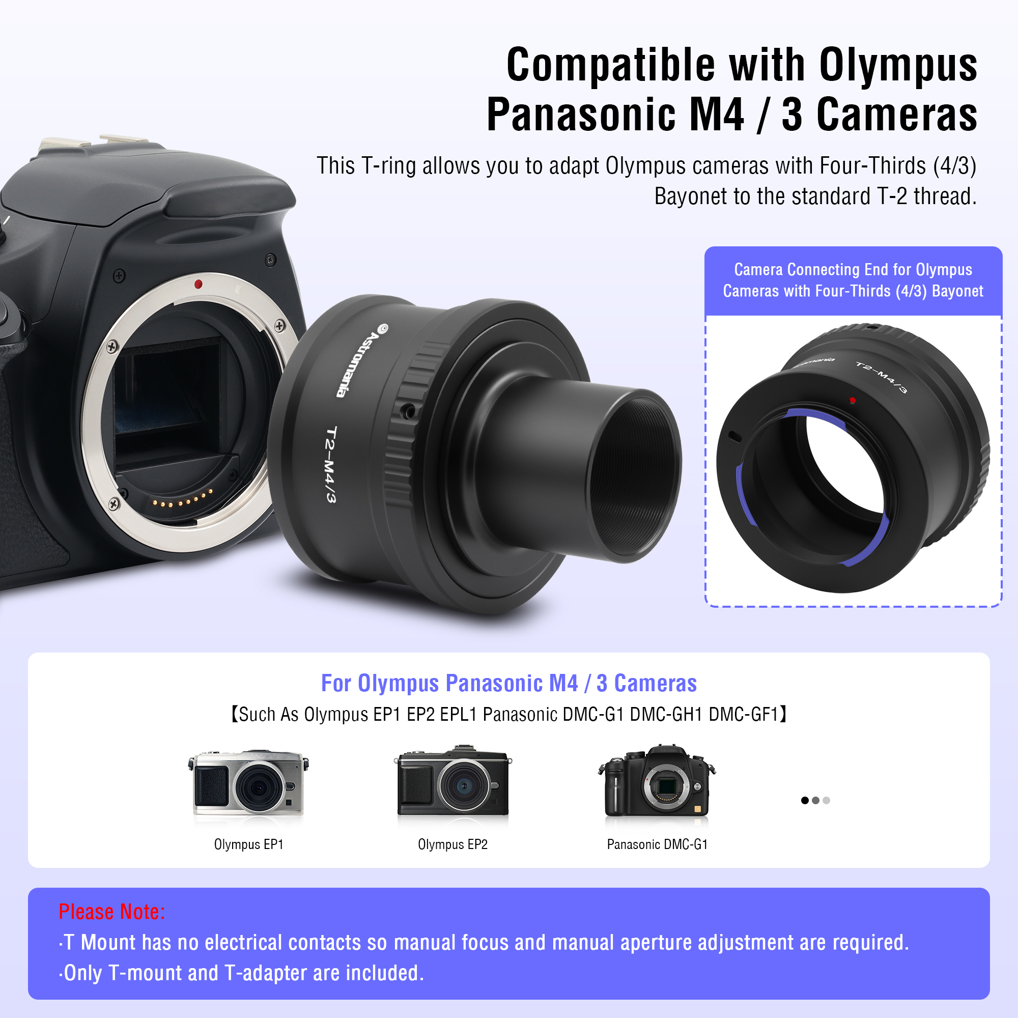 Astromania T T2 Mount and M42 to 1.25" Telescope Adapter (T-Mount) for Olympus Panasonic M4 / 3 Cameras - Compatible with Olympus EP1, EP2, EPL1, Panasonic DMC-G1, DMC-GH1, DMC-GF1 Camera Bodies