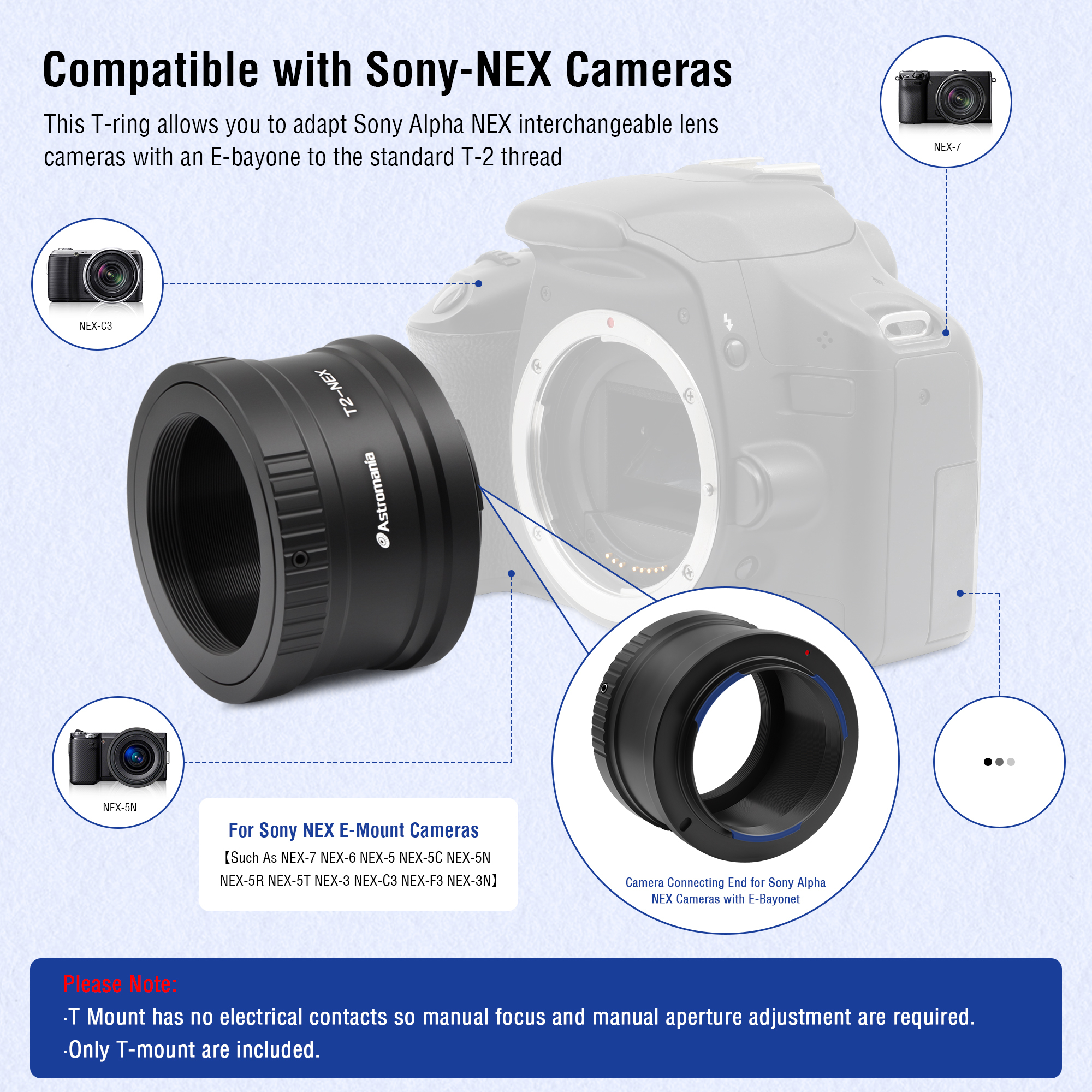 Astromania T/T2 Lens Mount Adapter Ring for Sony-NEX Camera - Precision machined T2 adaptor ring for all Sony NEX compact system cameras