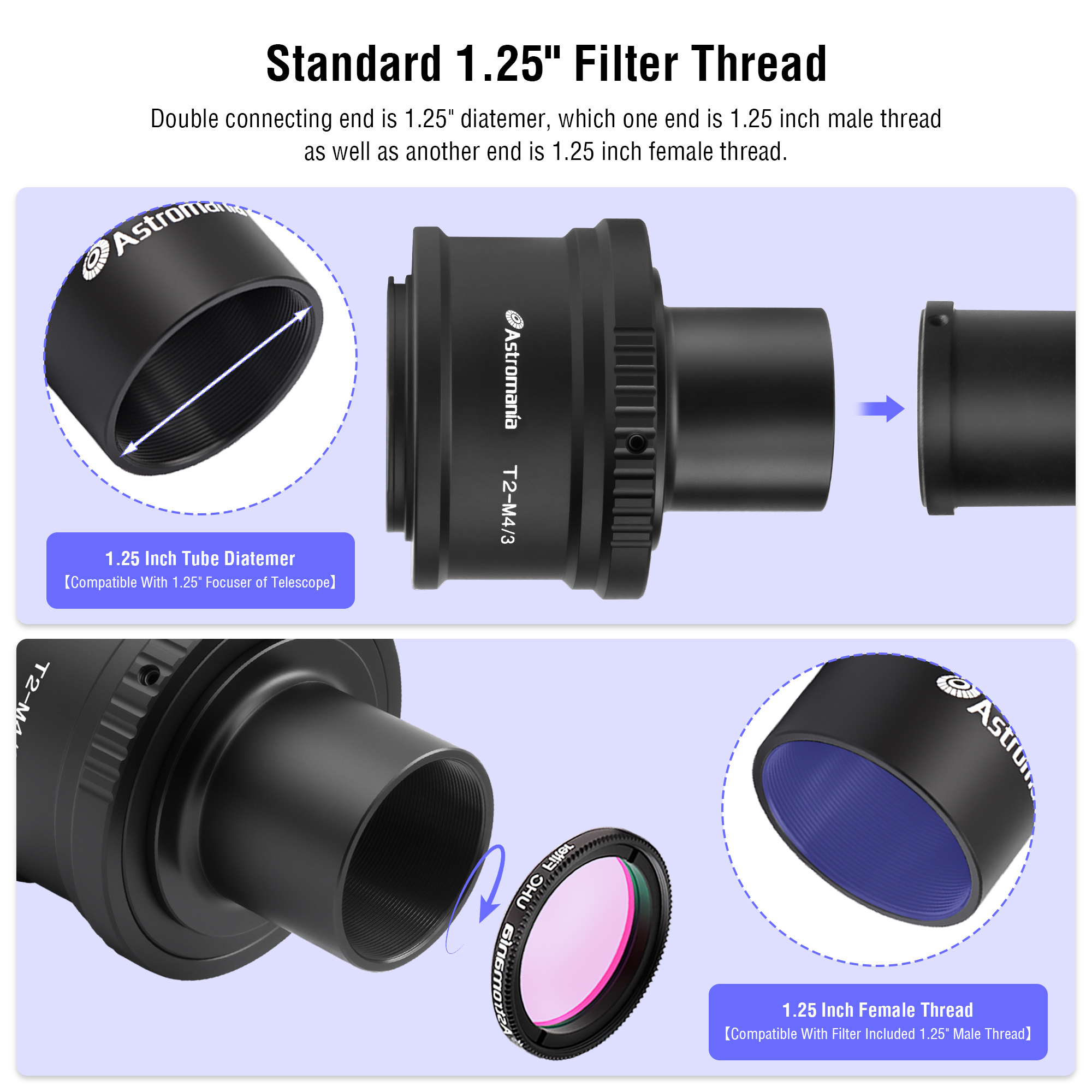 Astromania T T2 Mount and M42 to 1.25" Telescope Adapter (T-Mount) for Olympus Panasonic M4 / 3 Cameras - Compatible with Olympus EP1, EP2, EPL1, Panasonic DMC-G1, DMC-GH1, DMC-GF1 Camera Bodies