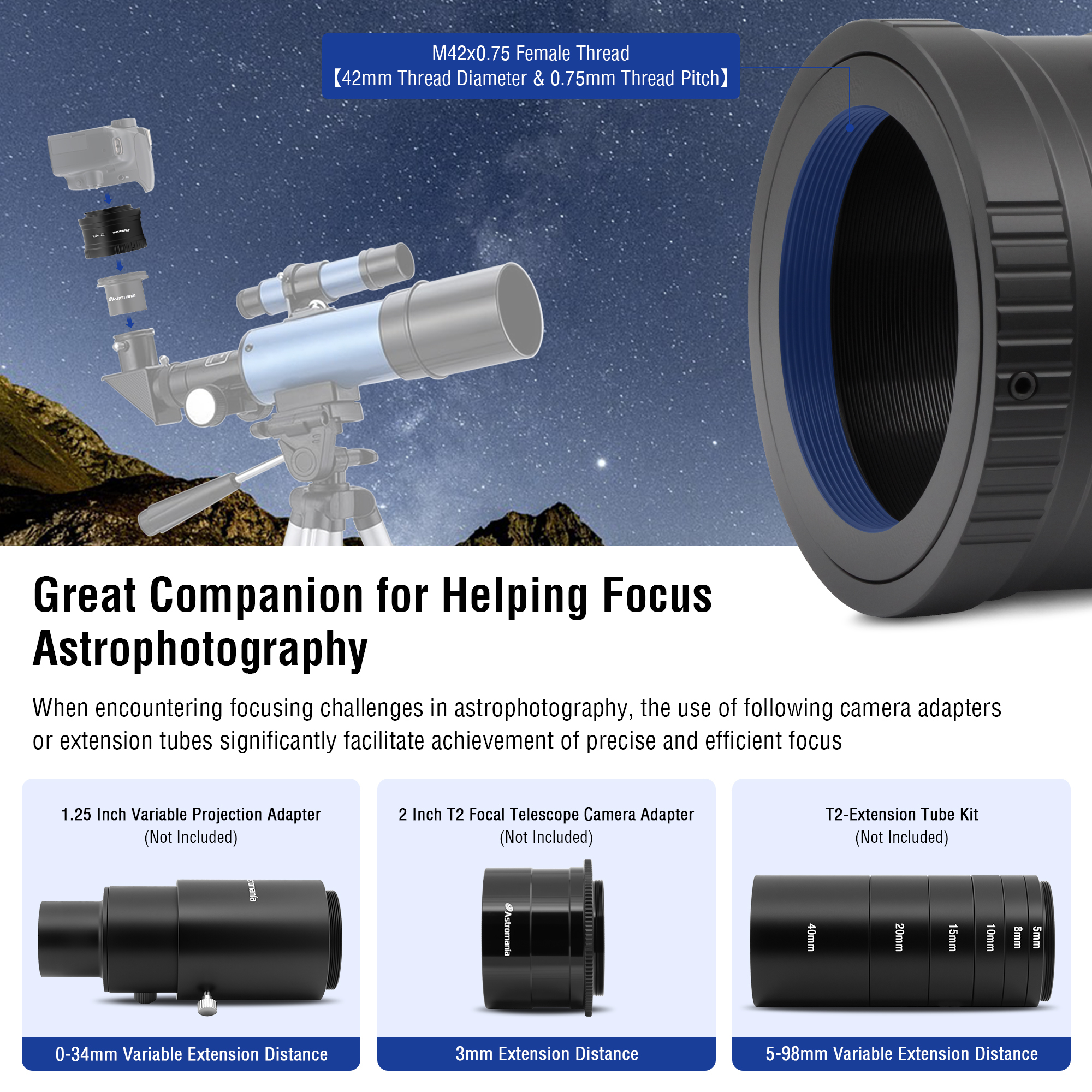 Astromania T/T2 Lens Mount Adapter Ring for Sony-NEX Camera - Precision machined T2 adaptor ring for all Sony NEX compact system cameras