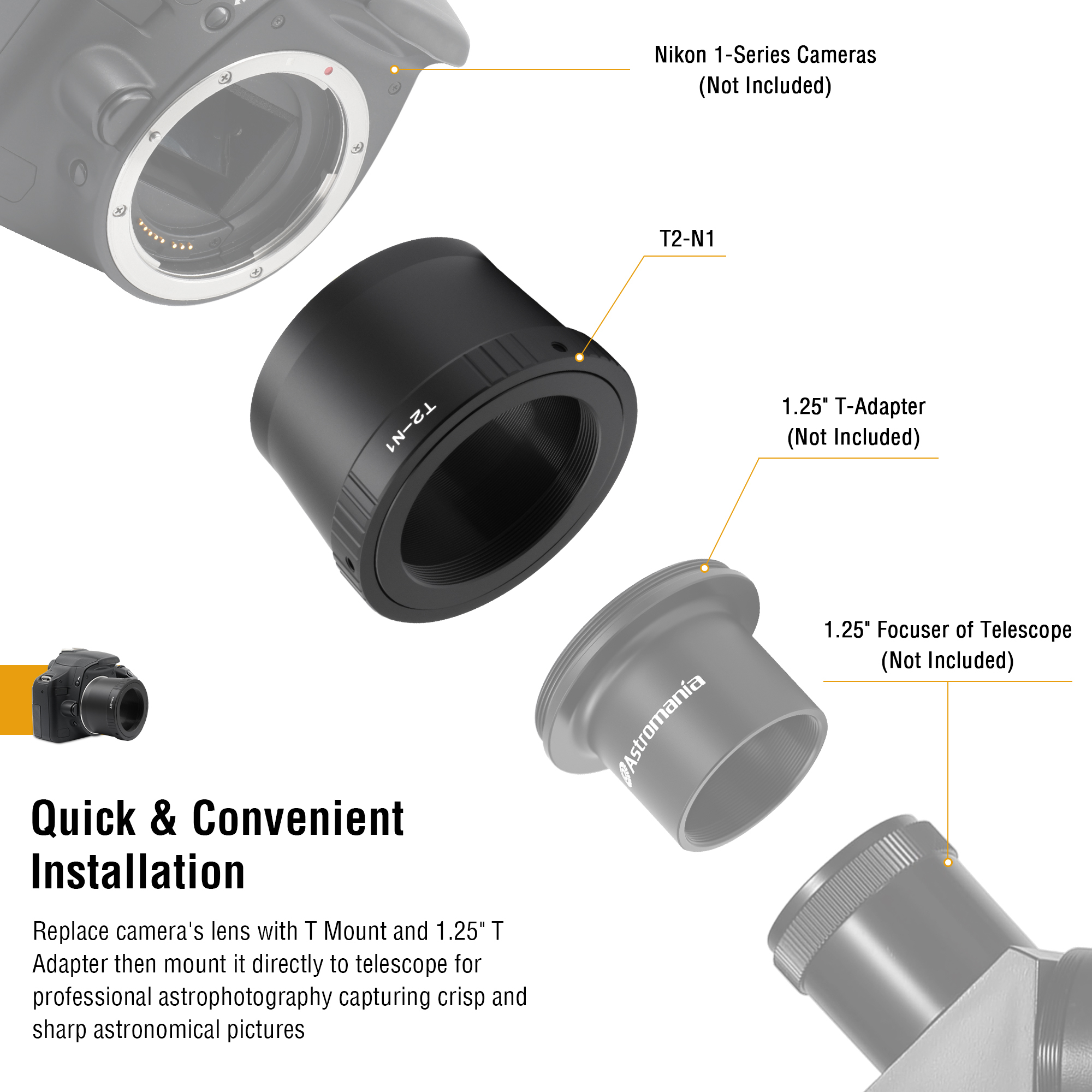 Astromania T2 N1 T Mount Lens Adapter for Nikon 1 Series Camera V1 V2 V3 J1 J2 J3 J4 J5