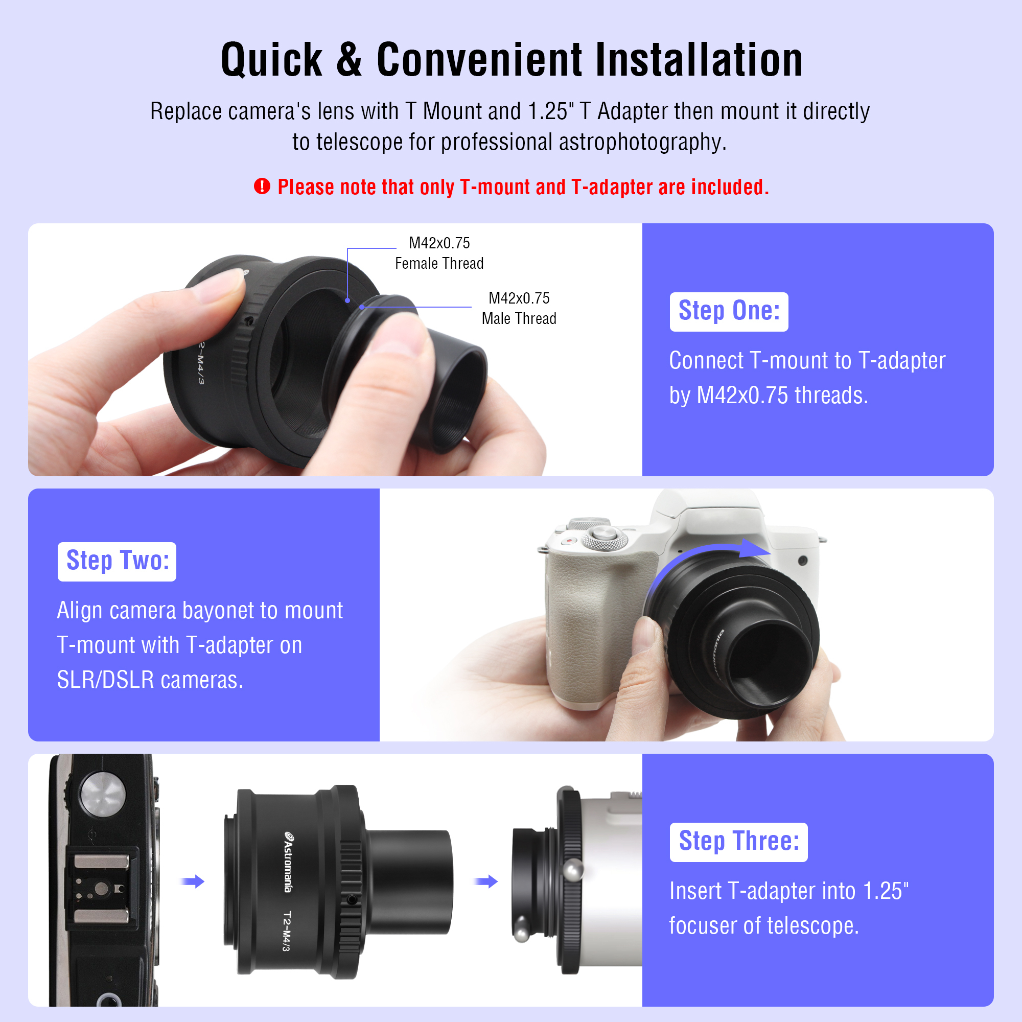 Astromania T T2 Mount and M42 to 1.25" Telescope Adapter (T-Mount) for Olympus Panasonic M4 / 3 Cameras - Compatible with Olympus EP1, EP2, EPL1, Panasonic DMC-G1, DMC-GH1, DMC-GF1 Camera Bodies