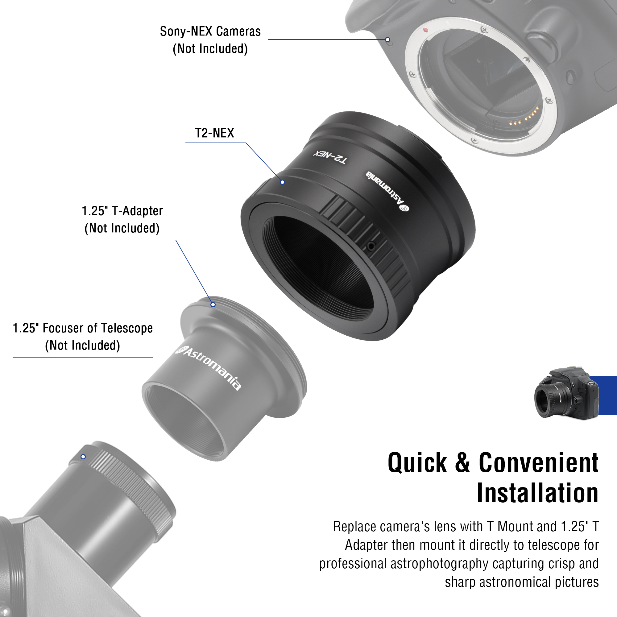 Astromania T/T2 Lens Mount Adapter Ring for Sony-NEX Camera - Precision machined T2 adaptor ring for all Sony NEX compact system cameras