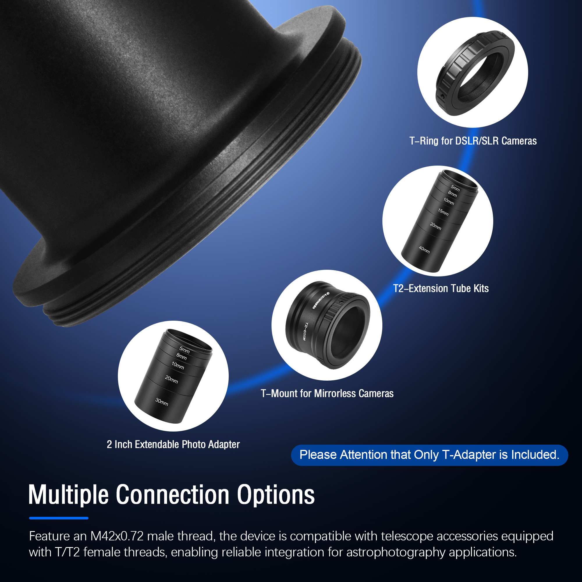 Astromania 1.25" T-Adapter - Can Use Together with T-ring - Connect a DSLR or SLR Camera to a telescope