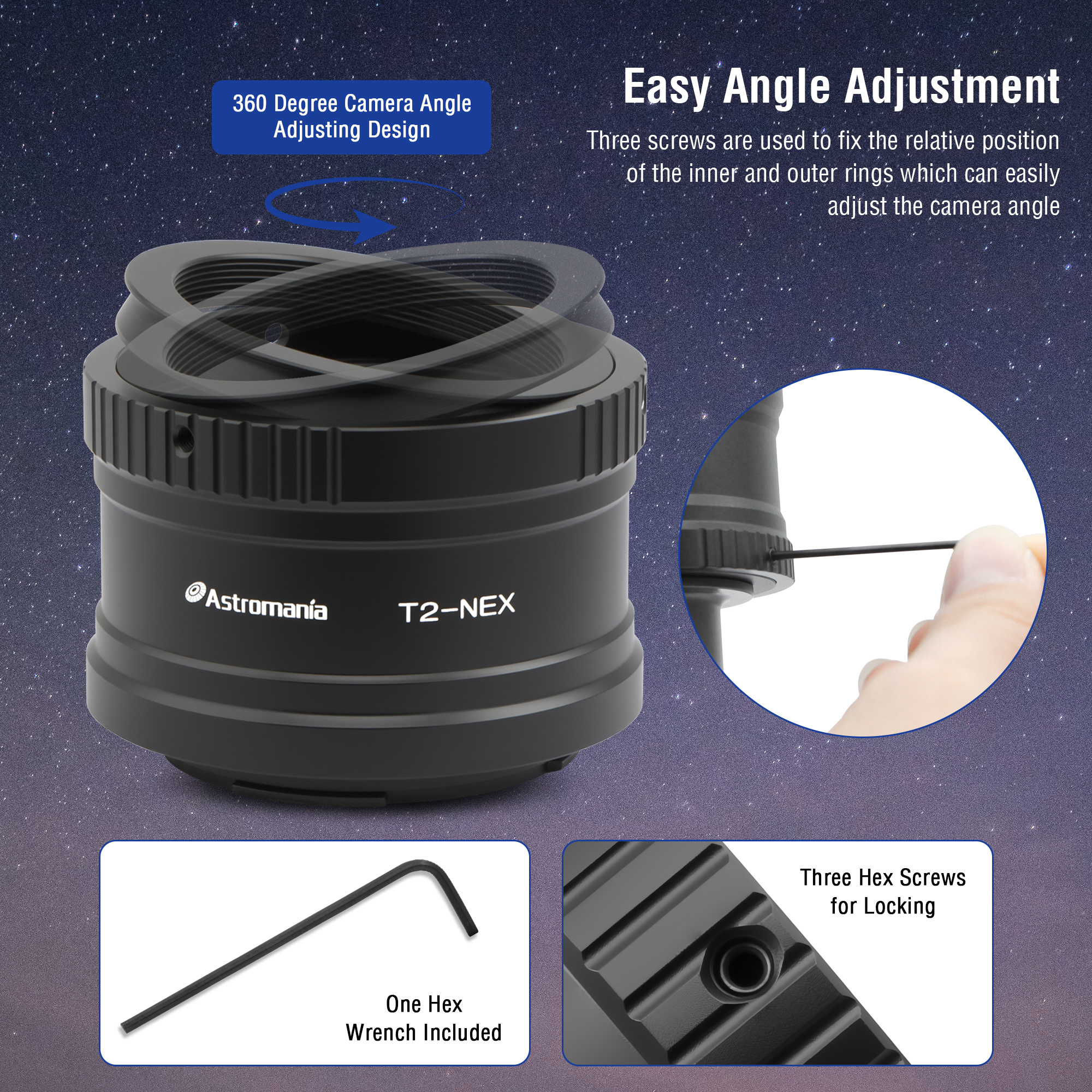 Astromania T/T2 Lens Mount Adapter Ring for Sony-NEX Camera - Precision machined T2 adaptor ring for all Sony NEX compact system cameras