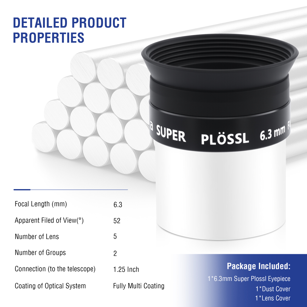 Astromania 1.25 Inch Eyepiece for Telescope 6.3mm, Telescope Accessories Super Plossl Eyepiece 52 Degree Field of View with Fully Multi-Coated 5 Element & Filter Thread for Astronomical Telescopes