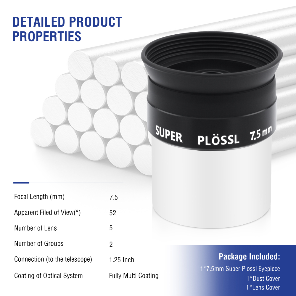 Astromania Eyepiece 7.5mm Telescope Lense for Astronomy Telescopes, 5 Element Fully Multi-Coated 52 Degree Super Plossl Eyepiece Telescope Accessories with Threaded for Standard 1.25 Inches Filter