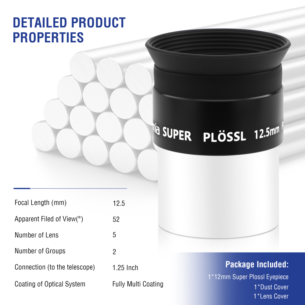 Astromania 1.25 Inch Eyepiece for Telescope 12.5mm, Telescope Accessories Super Plossl Eyepiece 52 Degree Field of View with Fully Multi-Coated 5 Element & Filter Thread for Astronomical Telescopes