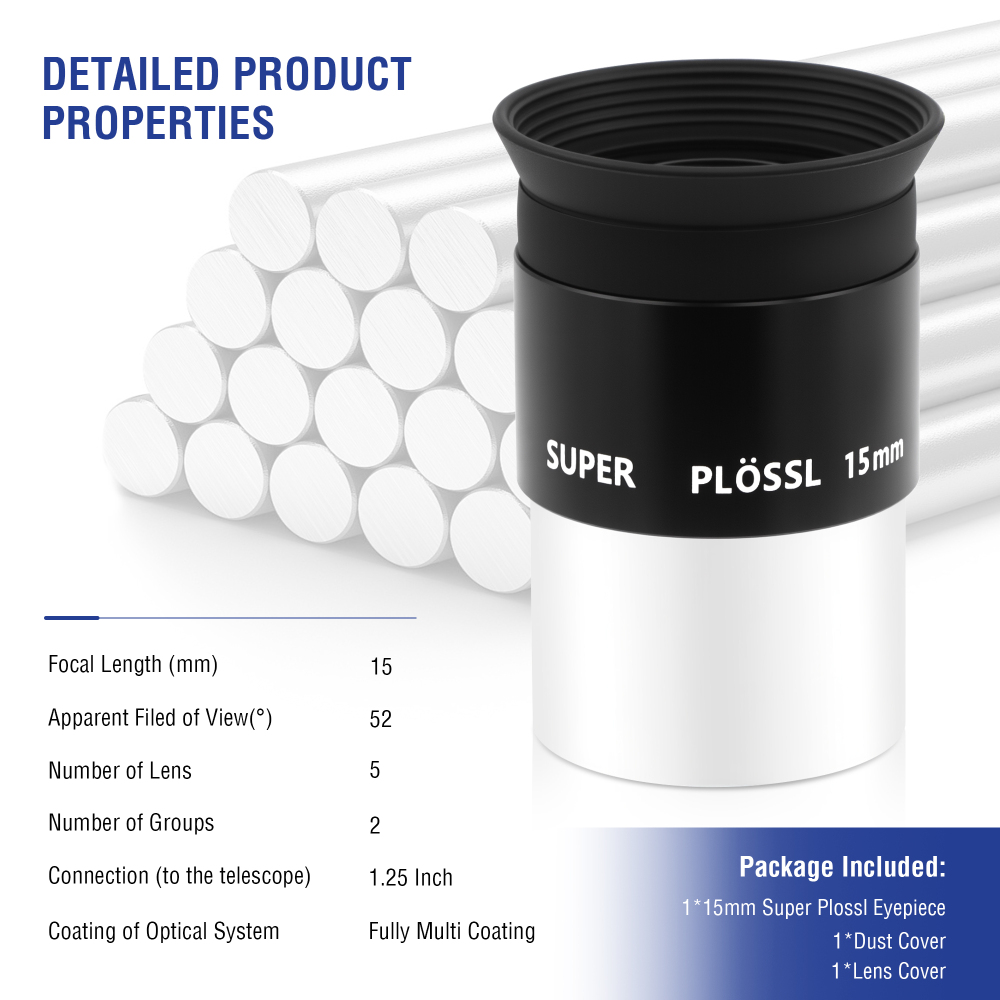 Astromania Eyepiece 15mm Telescope Lense for Astronomy Telescopes, 5 Element Fully Multi-Coated 52 Degree Super Plossl Eyepiece Telescope Accessories with Threaded for Standard 1.25 Inches Filter