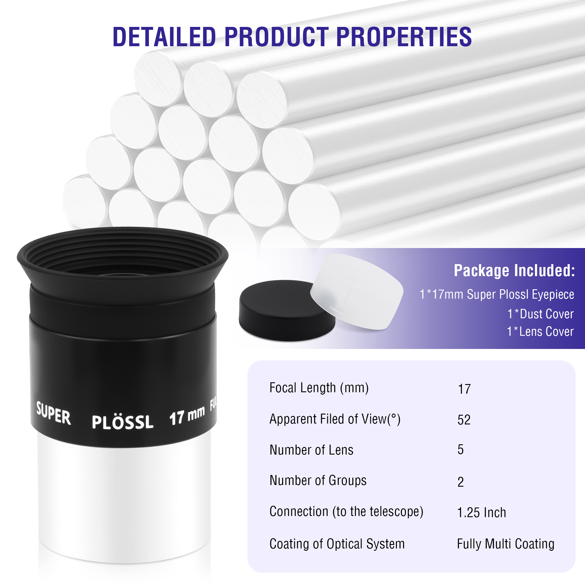 Astromania Telescope Eyepiece, 52 Degree Super Plossl Telescope Eyepiece 17mm, Fully Multi-Coated Telescope Lense with Filter Thread, 1.25 Inches Telescope Accessories for Moon & Planetary Observation