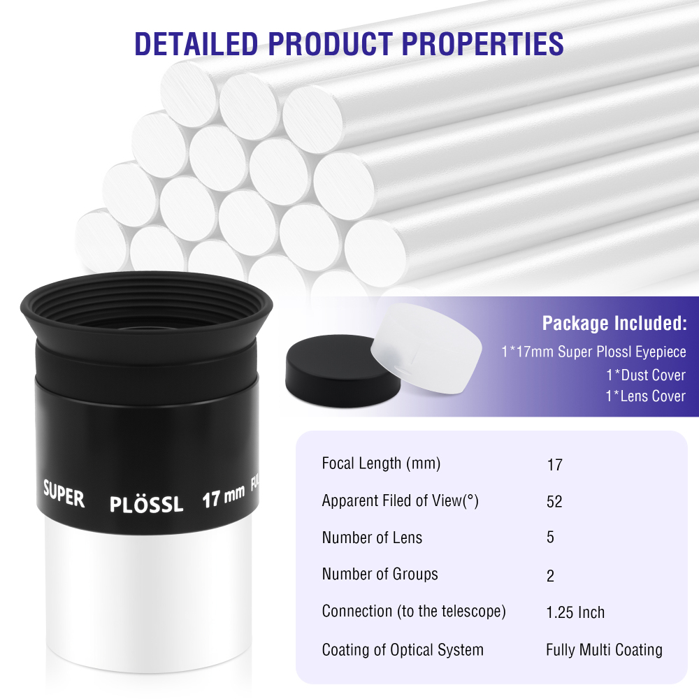 Astromania Telescope Eyepiece, 52 Degree Super Plossl Telescope Eyepiece 17mm, Fully Multi-Coated Telescope Lense with Filter Thread, 1.25 Inches Telescope Accessories for Moon & Planetary Observation