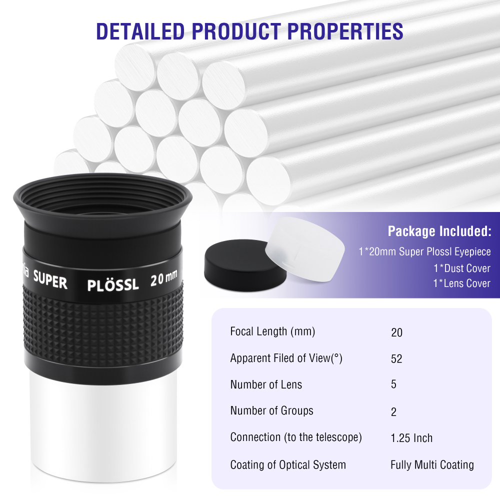 Astromania 1.25 Inch Eyepiece for Telescope 20mm, Telescope Accessories Super Plossl Eyepiece 52 Degree Field of View with Fully Multi-Coated 5 Element & Filter Thread for Astronomical Telescopes
