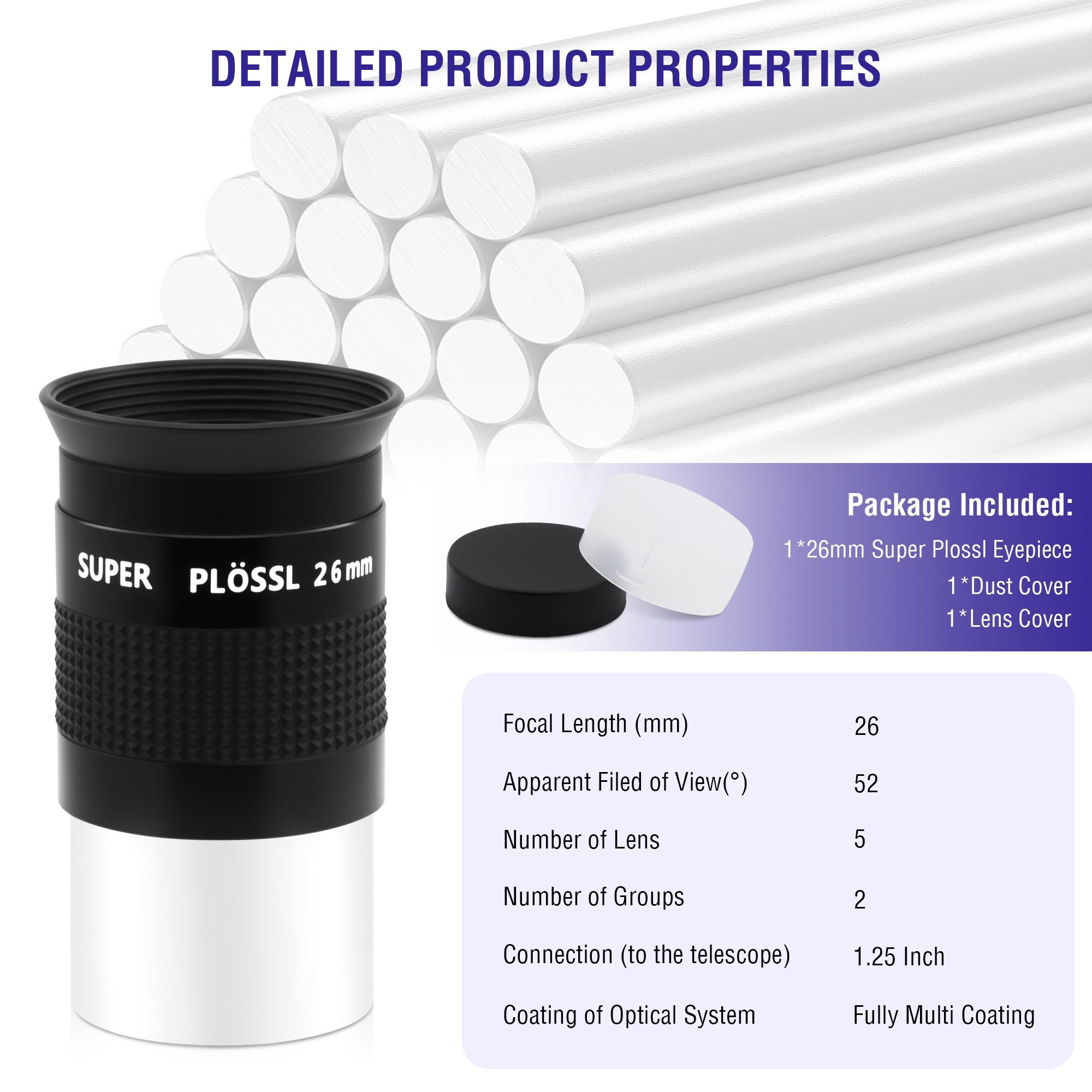 Astromania Eyepiece 26mm Telescope Lense for Astronomy Telescopes, 5 Element Fully Multi-Coated 52 Degree Super Plossl Eyepiece Telescope Accessories with Threaded for Standard 1.25 Inches Filter