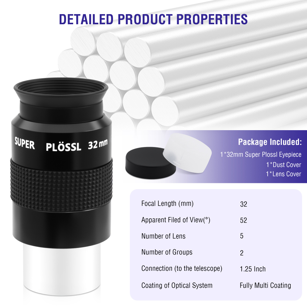 Astromania Telescope Eyepiece, 52 Degree Super Plossl Telescope Eyepiece 32mm, Fully Multi-Coated Telescope Lense with Filter Thread, 1.25 Inches Telescope Accessories for Moon & Planetary Observation