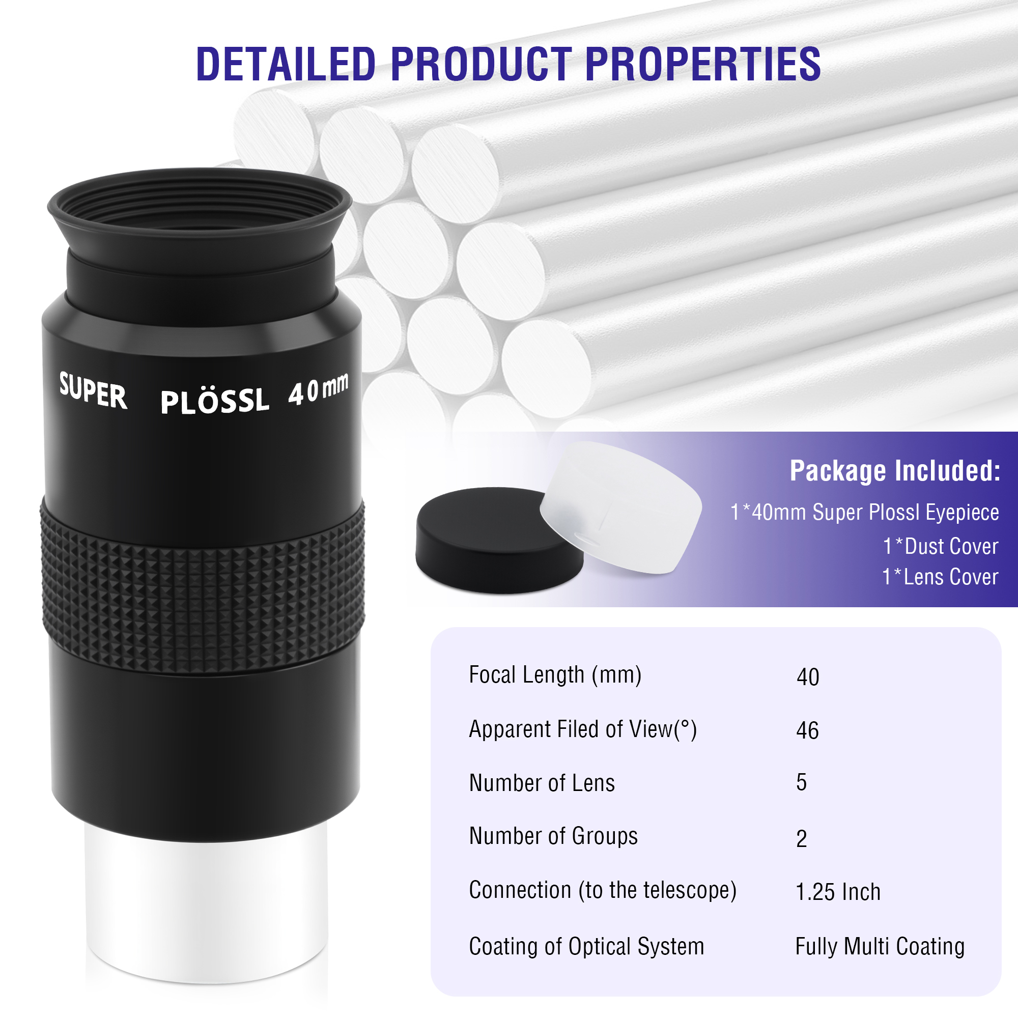 Astromania Telescope Eyepiece 40mm, Super Plossl Telescope Eyepiece 1.25 Inch 5 Element Fully MultiCoated Metal 46 Degree Apparent Field, Telescope Accessory with Filter Thread for Astronomy Telescope