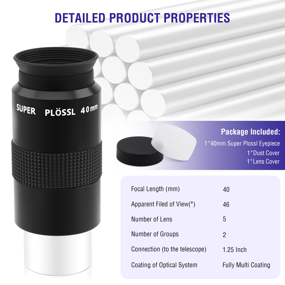 Astromania Telescope Eyepiece 40mm, Super Plossl Telescope Eyepiece 1.25 Inch 5 Element Fully MultiCoated Metal 46 Degree Apparent Field, Telescope Accessory with Filter Thread for Astronomy Telescope