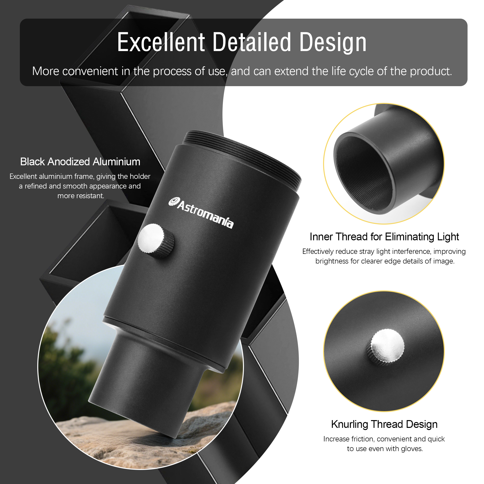 Astromania Telescope Photo Adapter, 1.25 Inch Fixed Camera Adapter Metal Telescope Accessories for Either Prime-Focus or Eyepiece-Projection Astrophotography Extended Cylinder for Astronomy Telescopes
