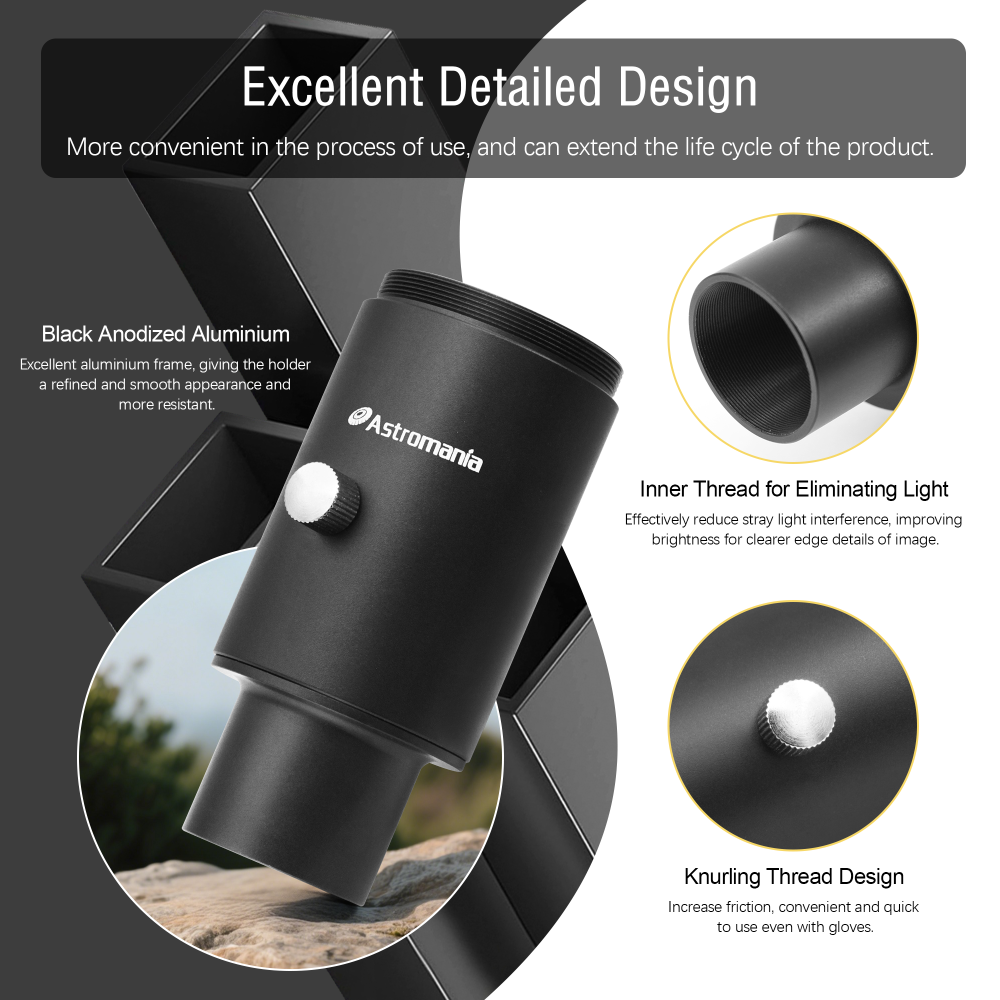 Astromania Telescope Photo Adapter, 1.25 Inch Fixed Camera Adapter Metal Telescope Accessories for Either Prime-Focus or Eyepiece-Projection Astrophotography Extended Cylinder for Astronomy Telescopes