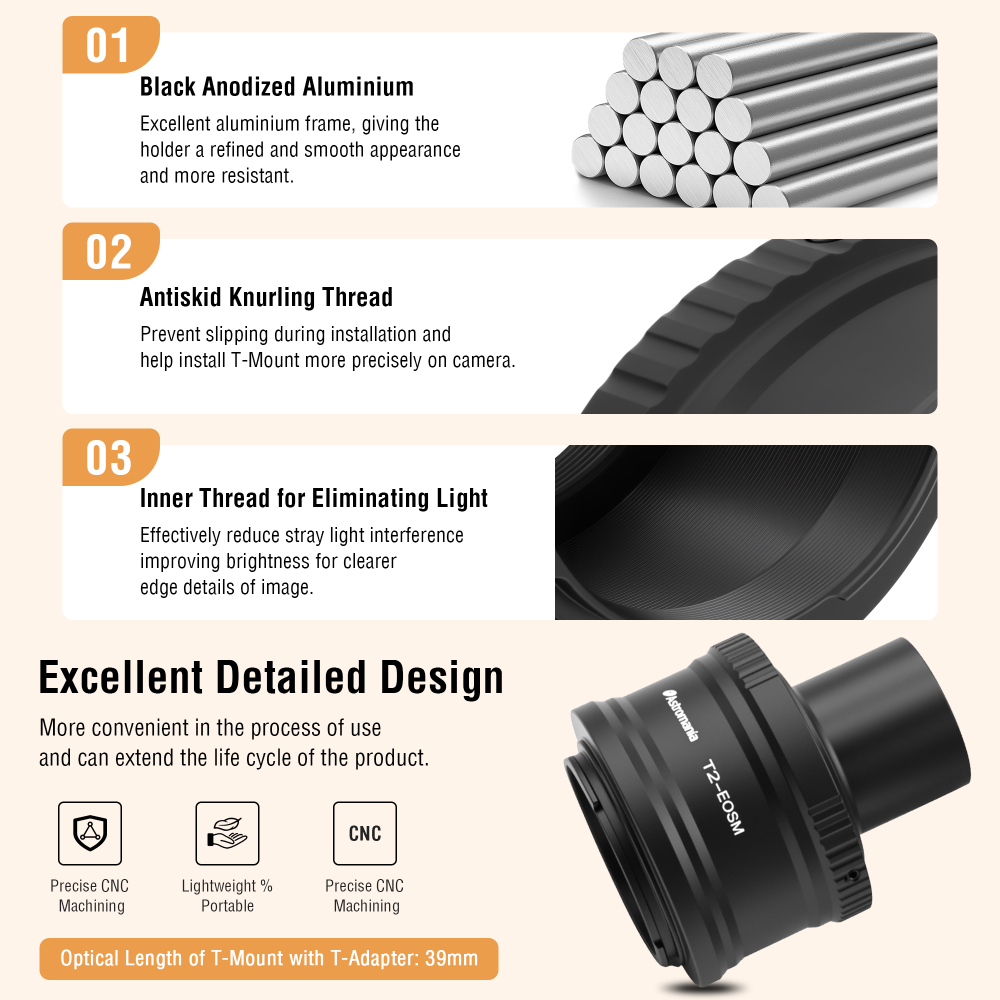 Astromania Canon EOS-M T2 Mount Lens Adapter and M42 to 1.25" Telescope Adapter(T-mount)for Canon EOS-M Camera Telescope/spotting Scope Accessories