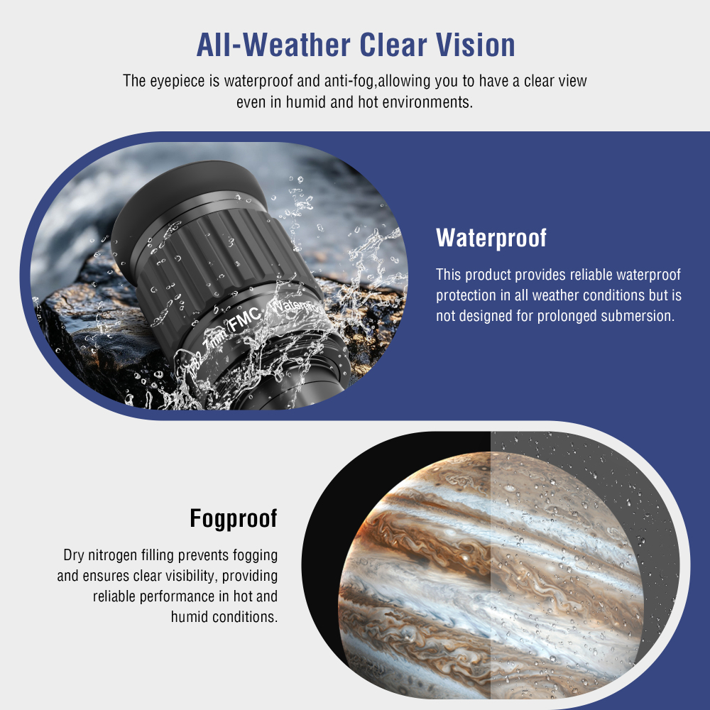 Astromania 1.25"-82 Degree SWA-7mm compact eyepiece, Waterproof & Fogproof - allows any water enter the interior and always enjoy an unobstructed view