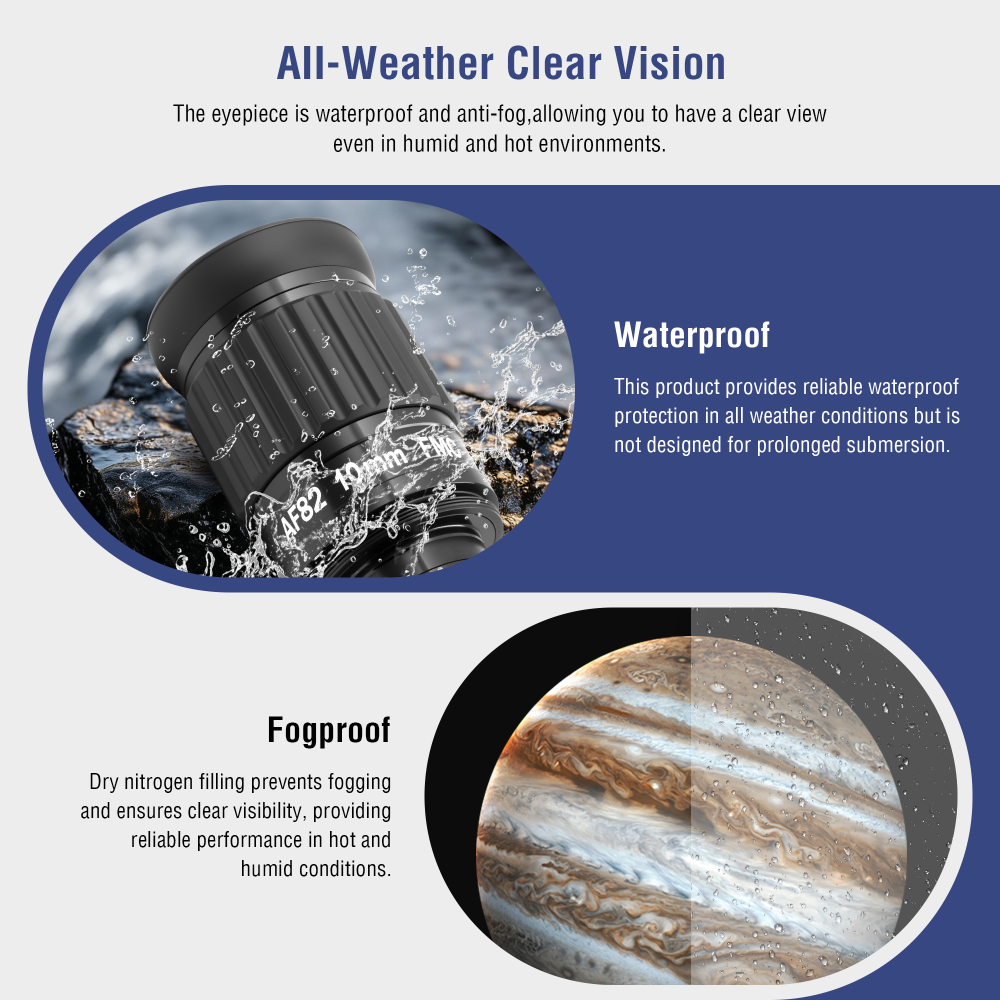 Astromania 1.25"-82 Degree SWA-10mm compact eyepiece, Waterproof & Fogproof - allows any water enter the interior and enjoy an unobstructed view