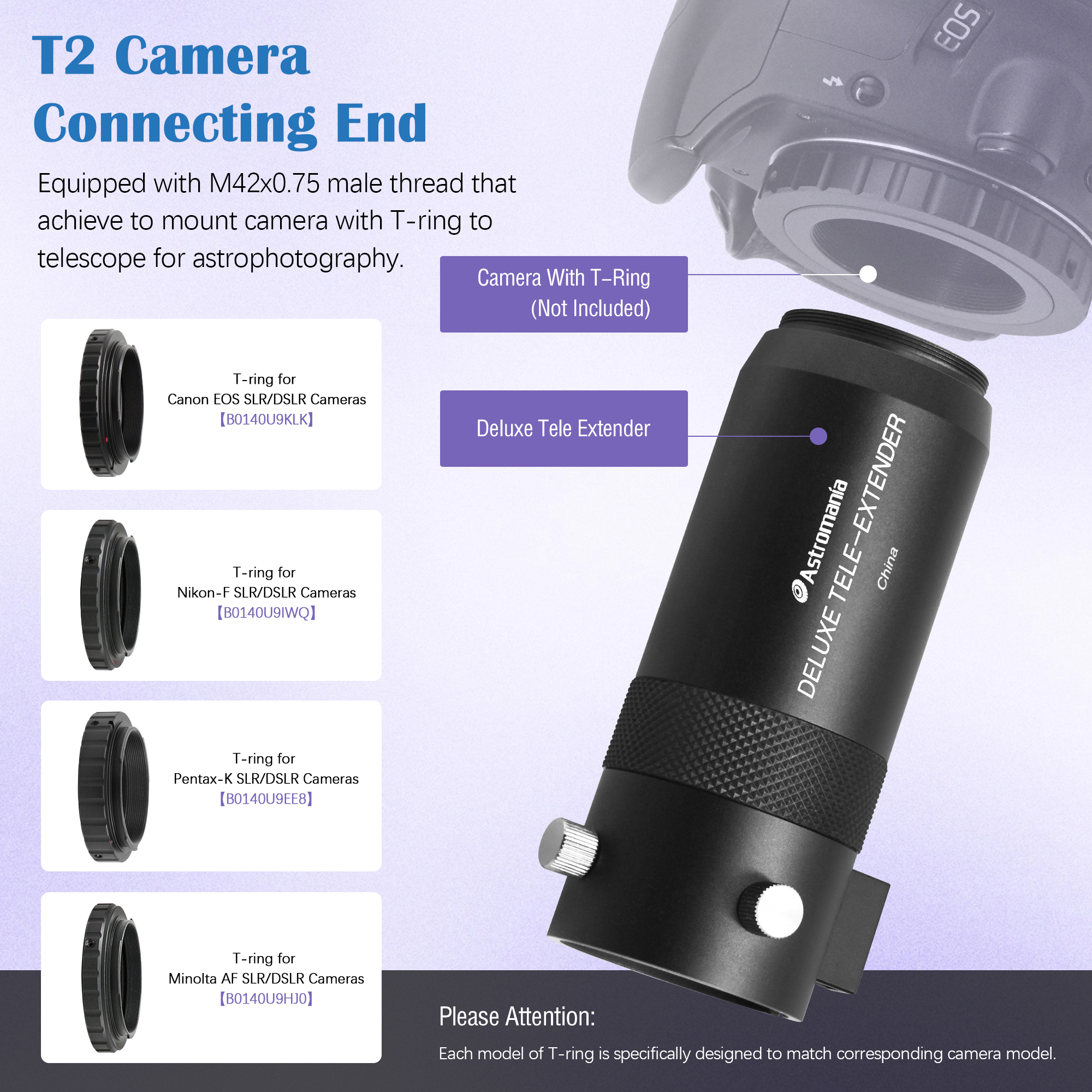 Astromania Telescope Camera Adapter for Astronomy Telescopes, Deluxe Tele Extender Photo Adapter Astrophotography Extended Cylinder Metal Telescope Accessories for Prime-Focus or Eyepiece-Projection