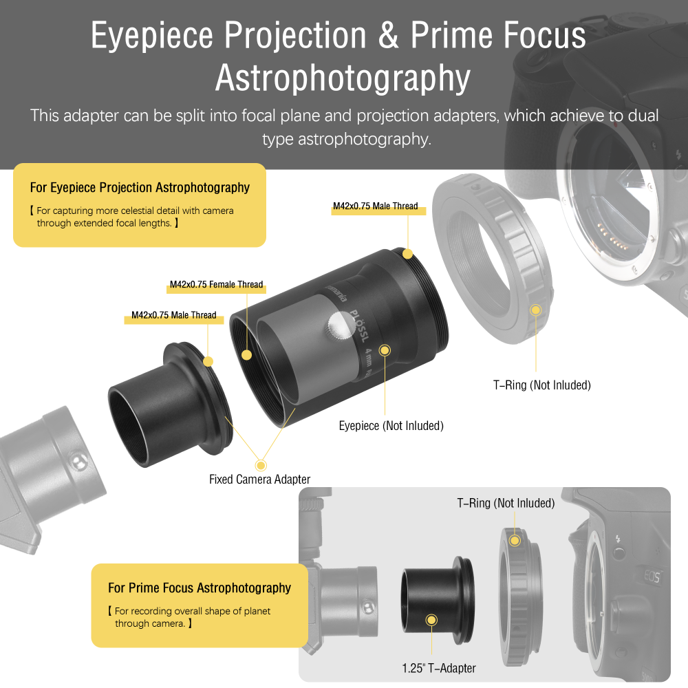 Astromania Telescope Photo Adapter, 1.25 Inch Fixed Camera Adapter Metal Telescope Accessories for Either Prime-Focus or Eyepiece-Projection Astrophotography Extended Cylinder for Astronomy Telescopes