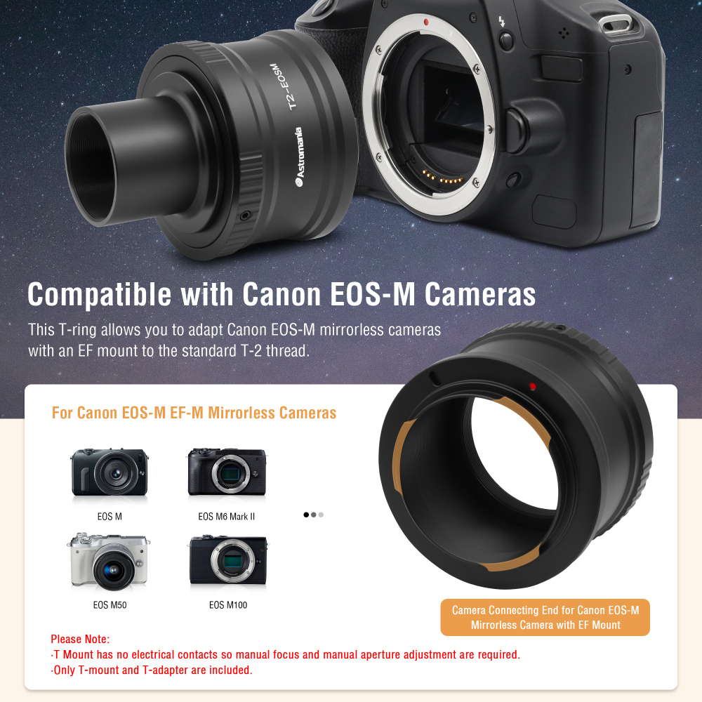 Astromania Canon EOS-M T2 Mount Lens Adapter and M42 to 1.25" Telescope Adapter(T-mount)for Canon EOS-M Camera Telescope/spotting Scope Accessories