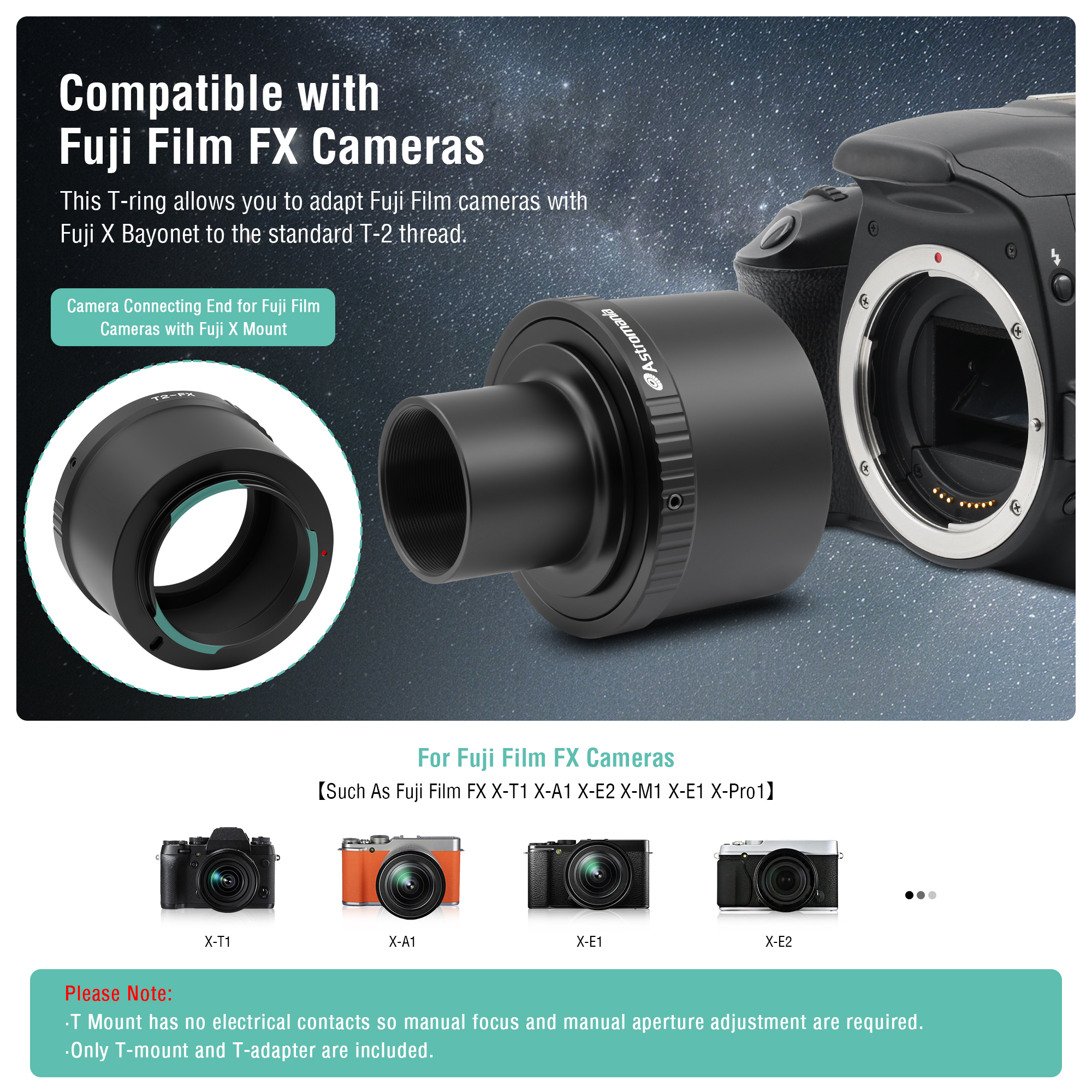 Astromania T T2 Lens to Fuji FX mount Camera adapter and M42 to 1.25" Telescope Adapter(T-mount)-Universal screw in forX-T1 X-A1 X-E2 X-M1 X-E1 X-PRO1