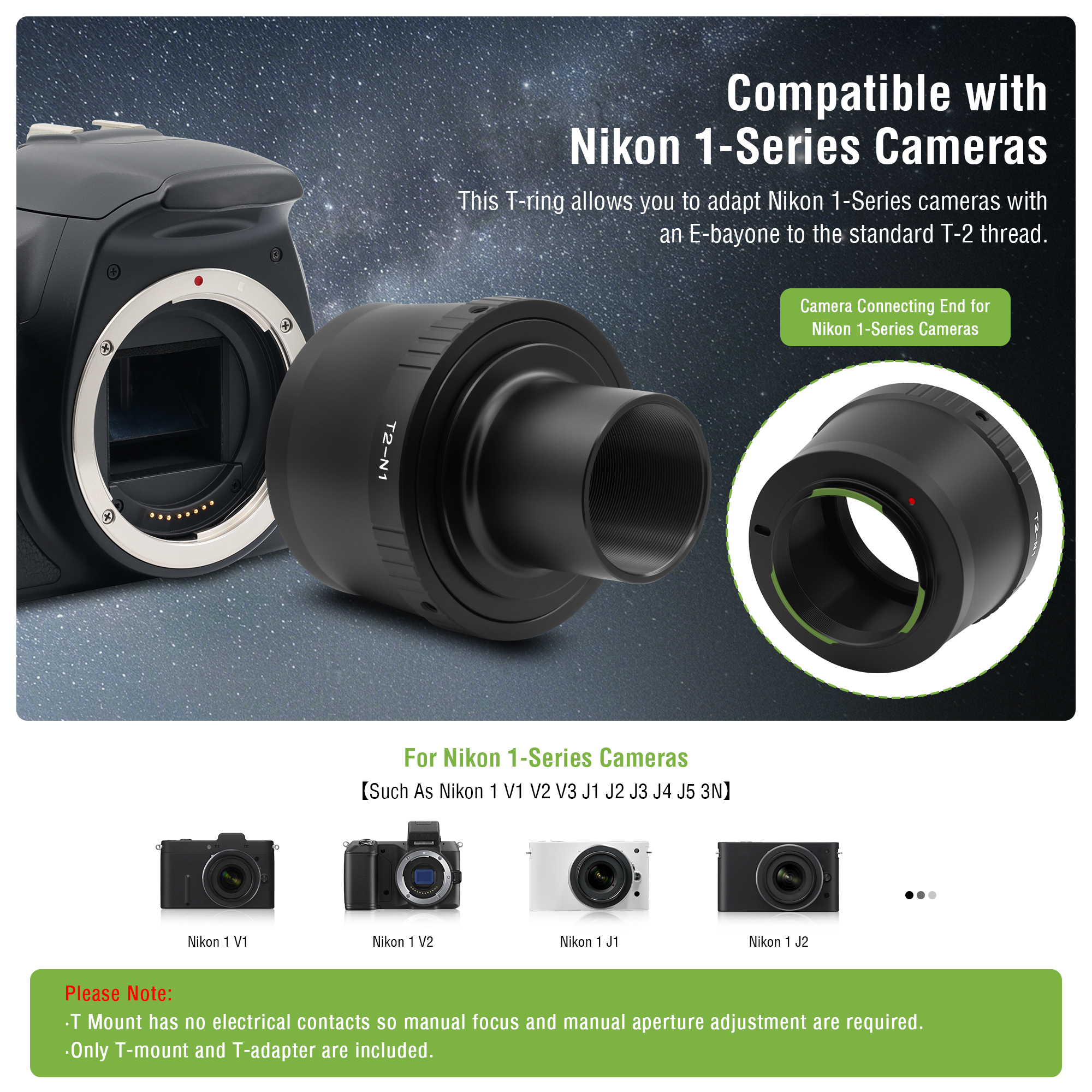 Astromania T2 N1 T Mount Lens Adapter and M42 to 1.25" Telescope Adapter (T-mount) for Nikon 1 Series Camera V1 V2 V3 J1 J2 J3 J4 J5