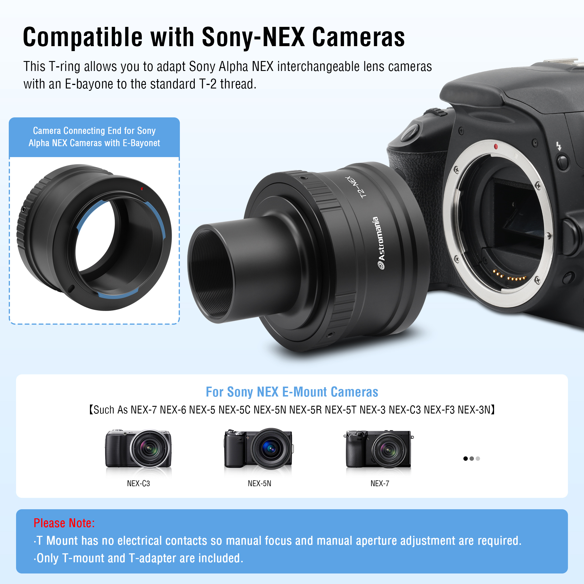 Astromania T/T2 Lens Mount Adapter Ring and M42 to 1.25" Telescope Adapter (T-mount) for Sony-NEX Camera-for all Sony NEX compact system cameras