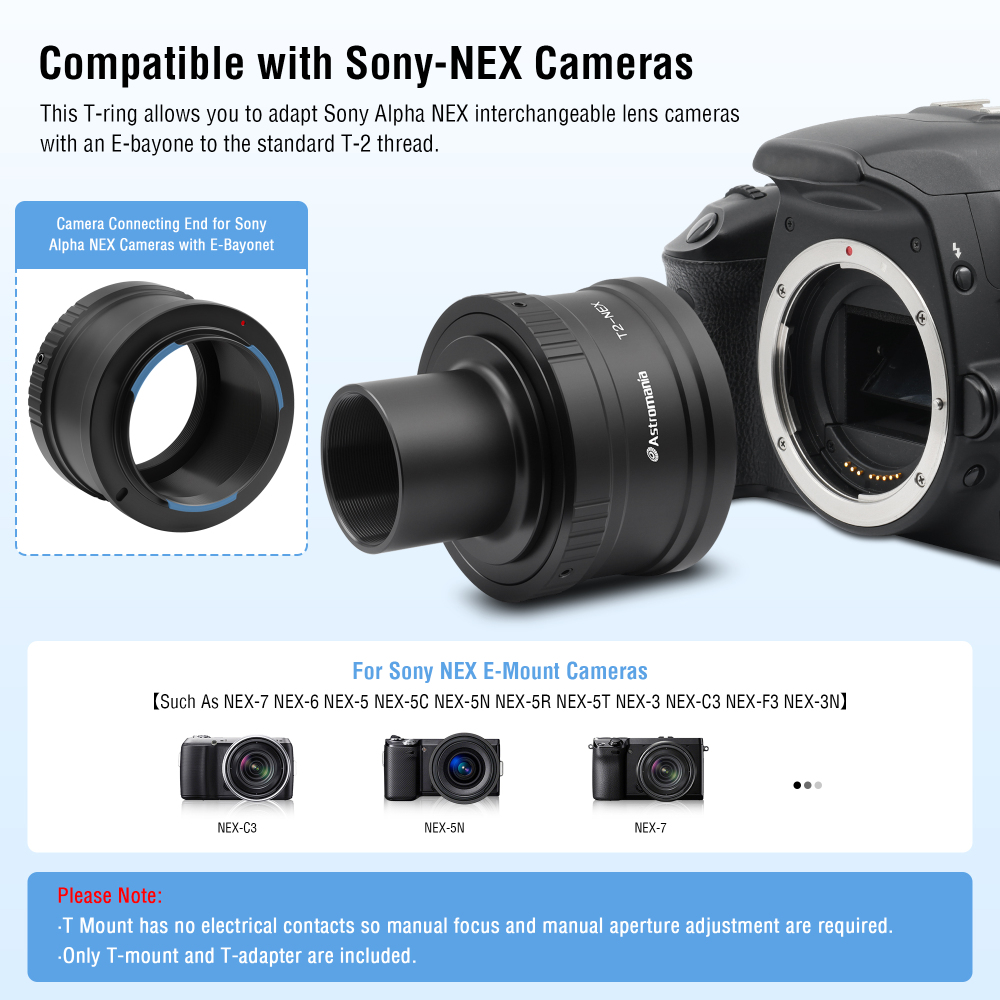 Astromania T/T2 Lens Mount Adapter Ring and M42 to 1.25" Telescope Adapter (T-mount) for Sony-NEX Camera-for all Sony NEX compact system cameras