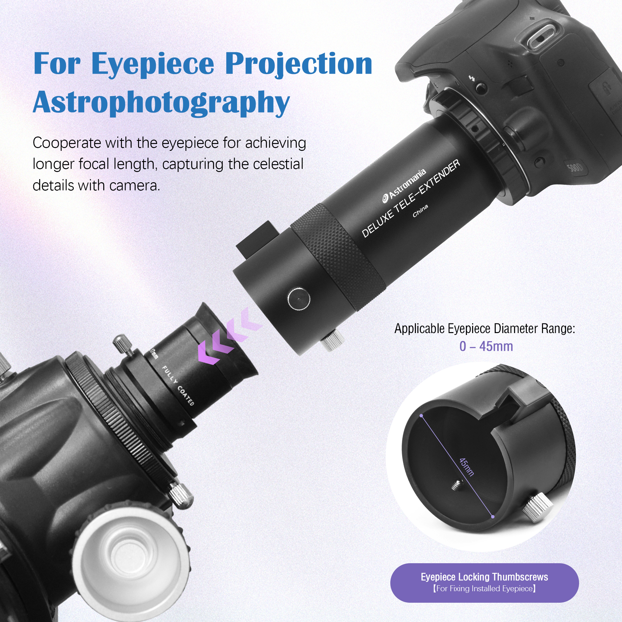 Astromania Telescope Camera Adapter for Astronomy Telescopes, Deluxe Tele Extender Photo Adapter Astrophotography Extended Cylinder Metal Telescope Accessories for Prime-Focus or Eyepiece-Projection
