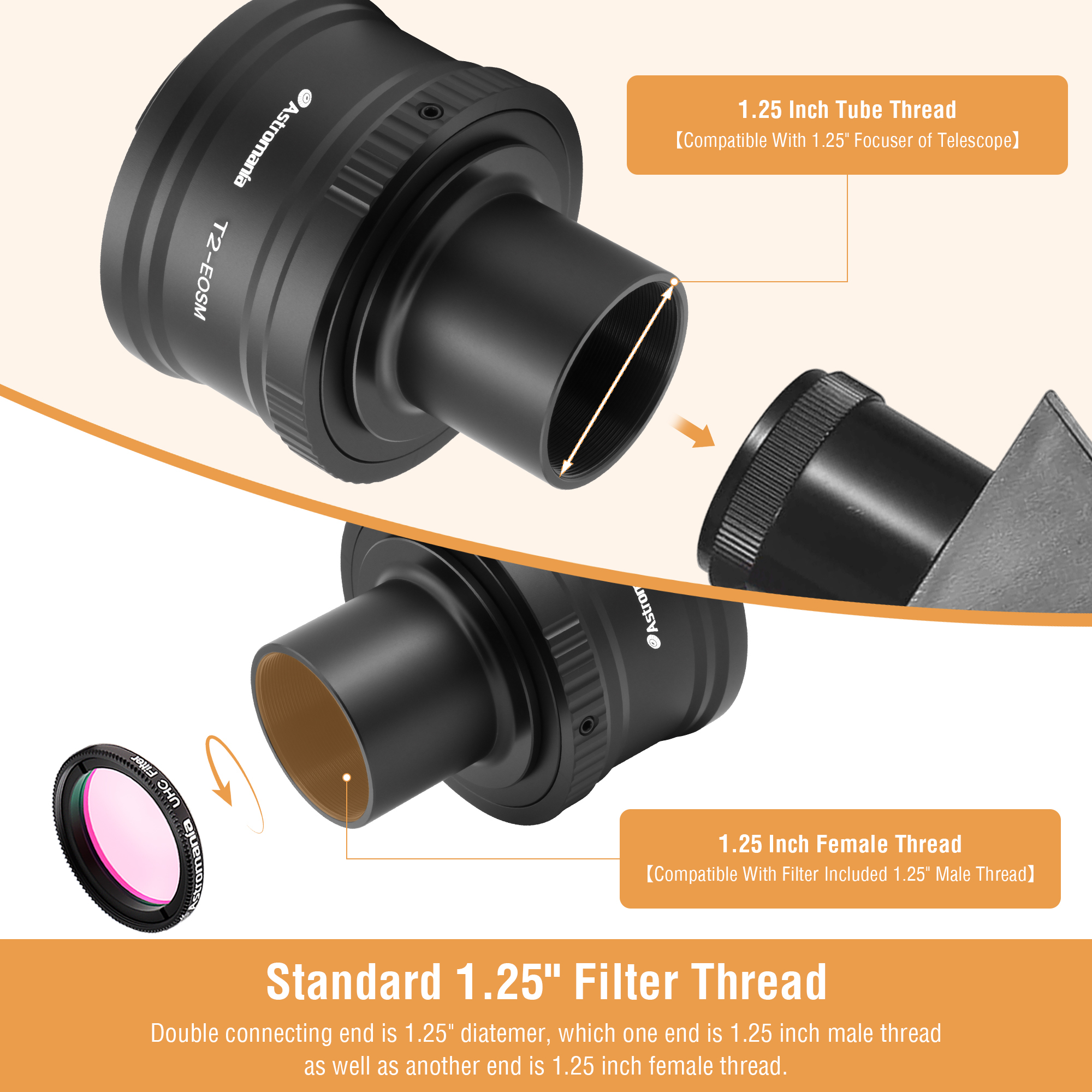 Astromania Canon EOS-M T2 Mount Lens Adapter and M42 to 1.25" Telescope Adapter(T-mount)for Canon EOS-M Camera Telescope/spotting Scope Accessories