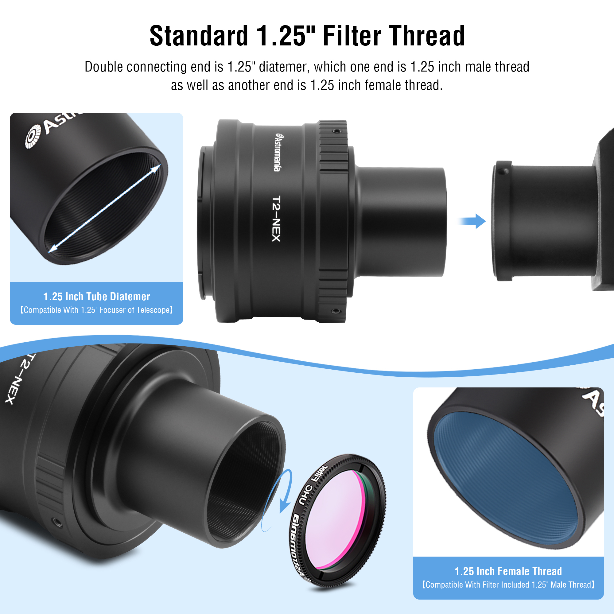 Astromania T/T2 Lens Mount Adapter Ring and M42 to 1.25" Telescope Adapter (T-mount) for Sony-NEX Camera-for all Sony NEX compact system cameras
