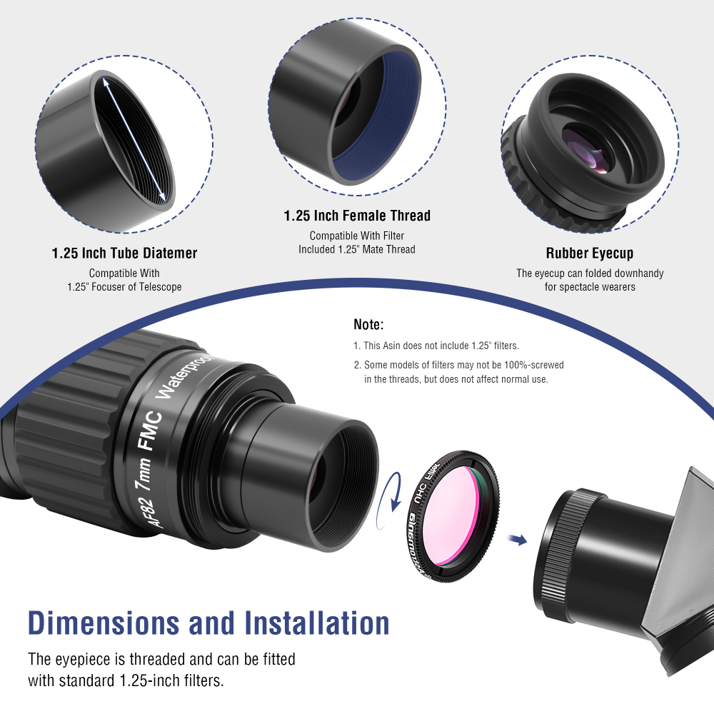 Astromania 1.25"-82 Degree SWA-7mm compact eyepiece, Waterproof & Fogproof - allows any water enter the interior and always enjoy an unobstructed view