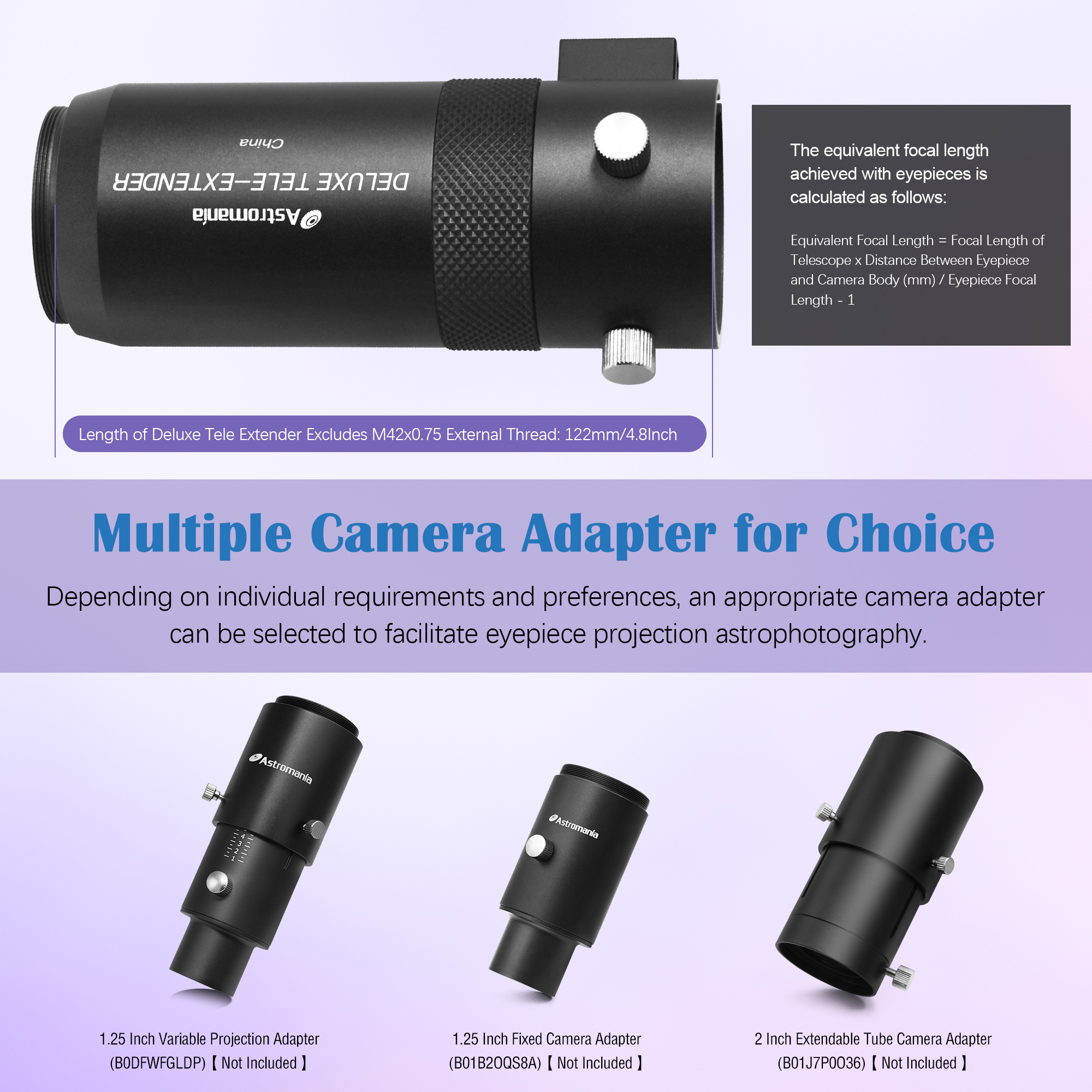Astromania Telescope Camera Adapter for Astronomy Telescopes, Deluxe Tele Extender Photo Adapter Astrophotography Extended Cylinder Metal Telescope Accessories for Prime-Focus or Eyepiece-Projection