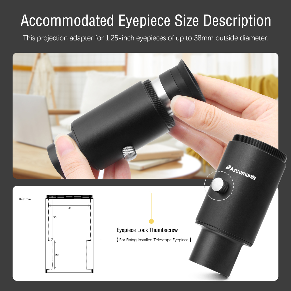 Astromania Telescope Photo Adapter, 1.25 Inch Fixed Camera Adapter Metal Telescope Accessories for Either Prime-Focus or Eyepiece-Projection Astrophotography Extended Cylinder for Astronomy Telescopes